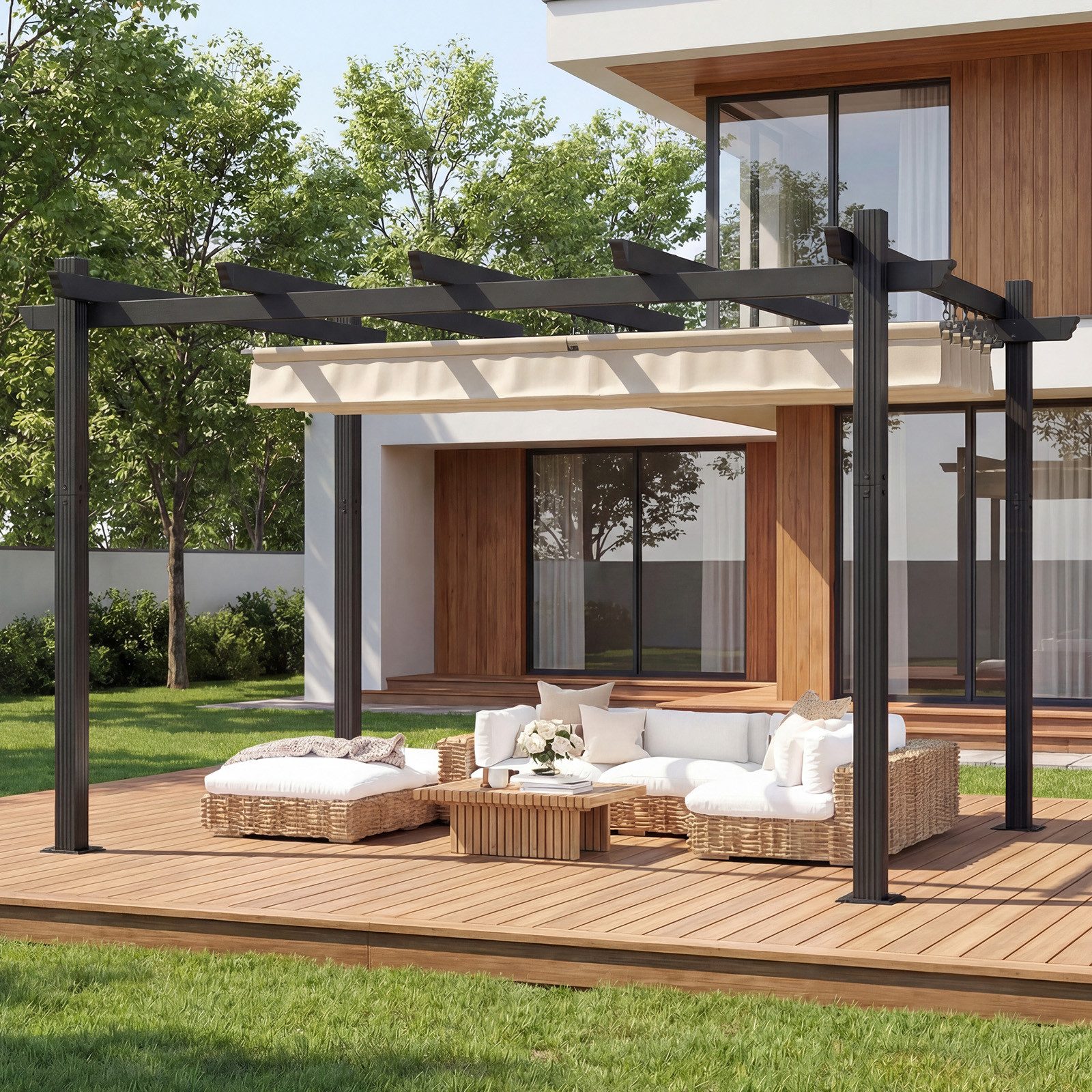 HOMALL Pavillon Pergola 3x3/3x4m Gartenpavillon Pavillon mit Aluminiumrahmen, (Terrassenüberdachung mit Magnetbefestigung für Garten), Manuell verstellbares Schiebedach