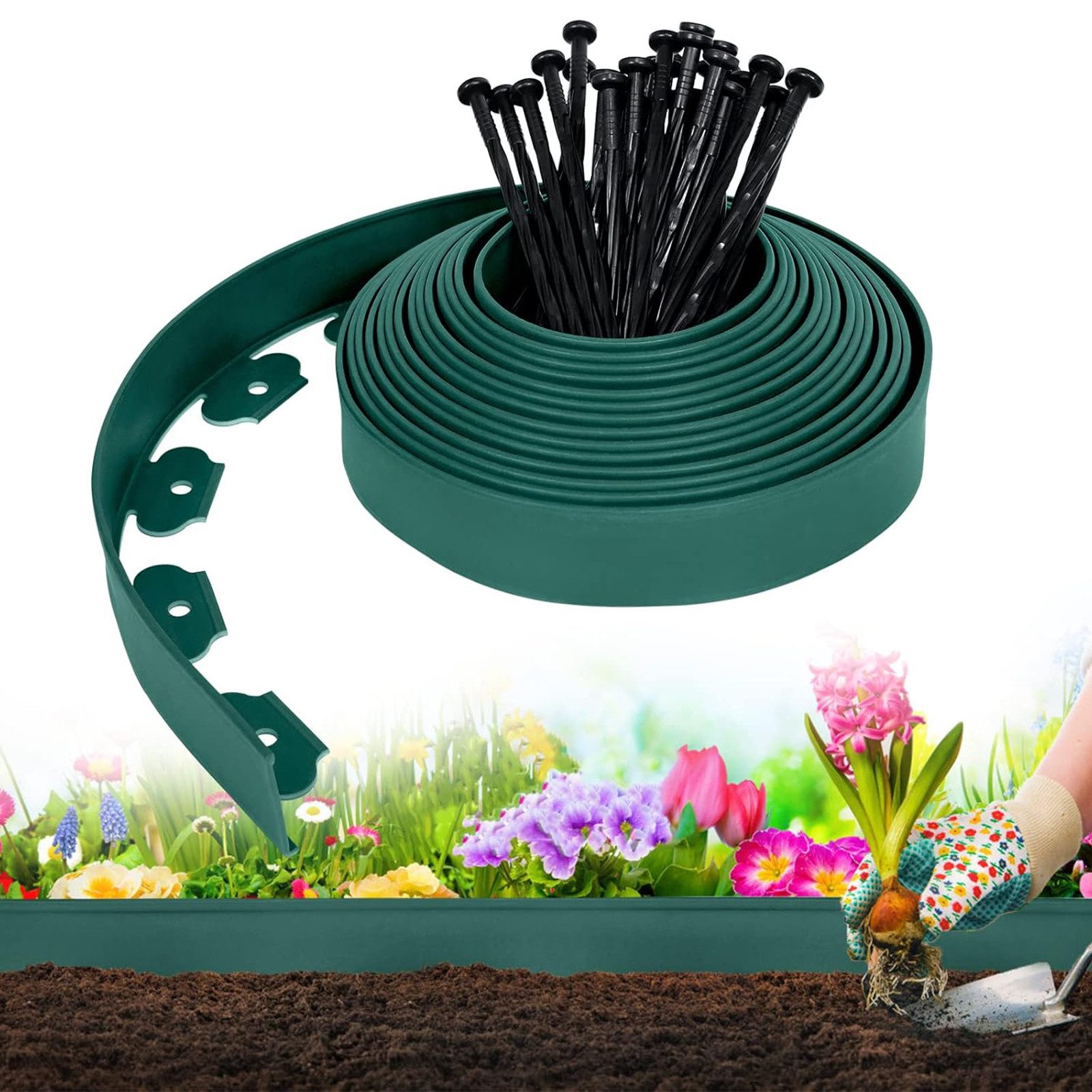 FIVMEN Rasenkante Rasenkante Kunststoff 10m Flexible Beetumrandung Wurzelsperre System, Schwarz/Hellgrau/Grün, Beeteinfassung blumenbeet Umrandung mit 30 Befestigungsnägeln