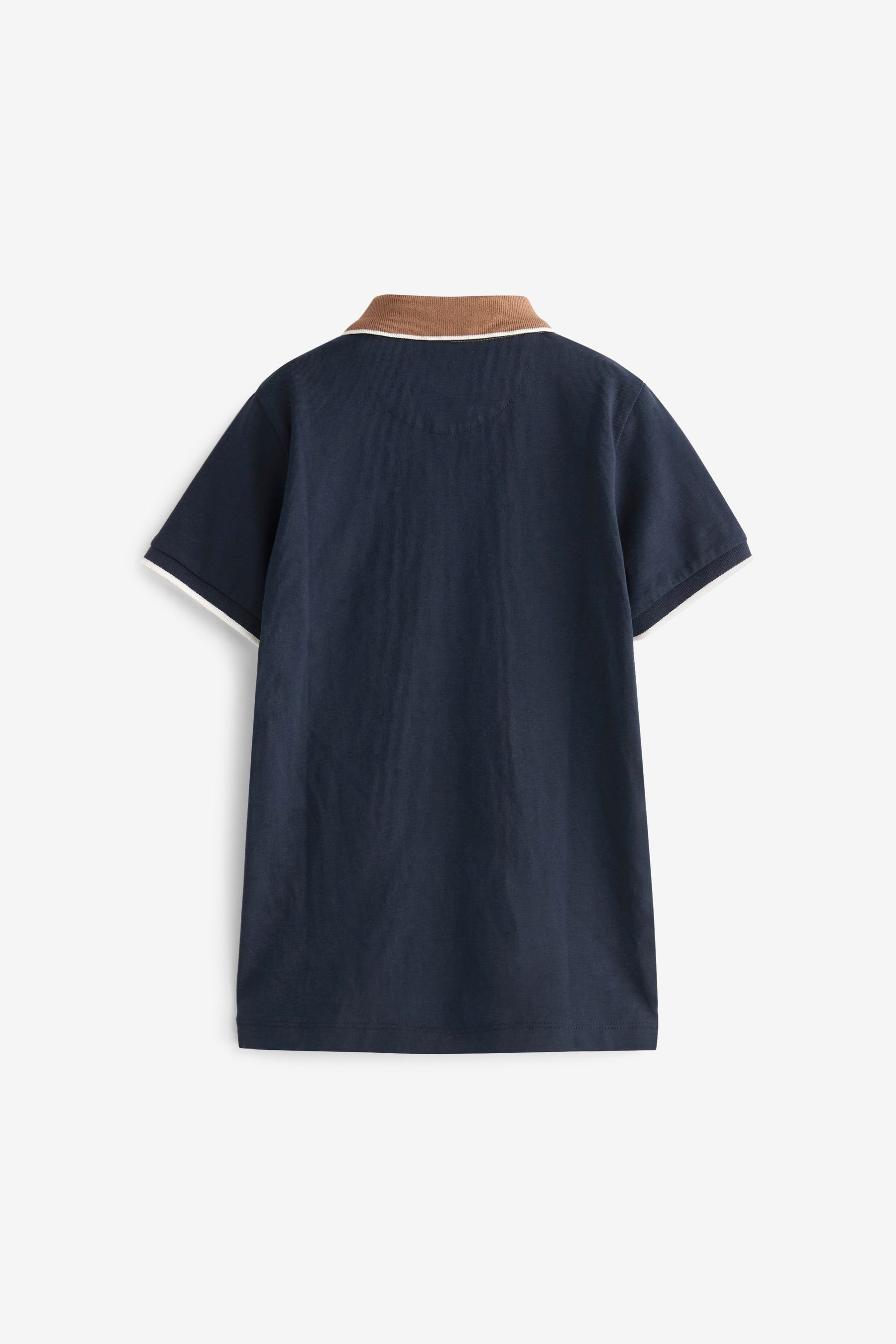 Next Poloshirt Kurzärmeliges Brown/Navy Reißverschluss Stripe mit Vertical (1-tlg) Tan Blue Polohemd