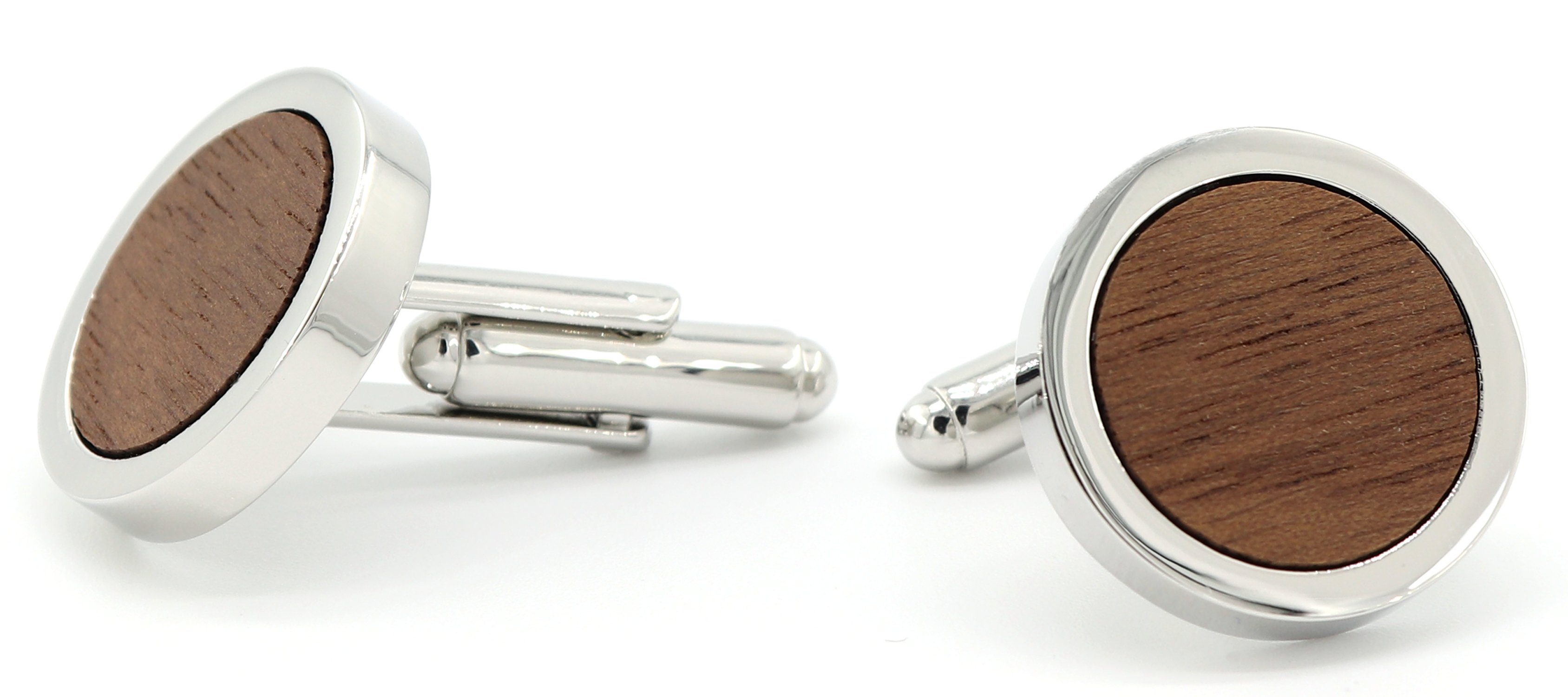 NaturSchatulle Manschettenknöpfe Holz Klassik Rund (schwarz / silber, aus Nussbaum Holz), Cufflinks zur Hochzeit, Anzug