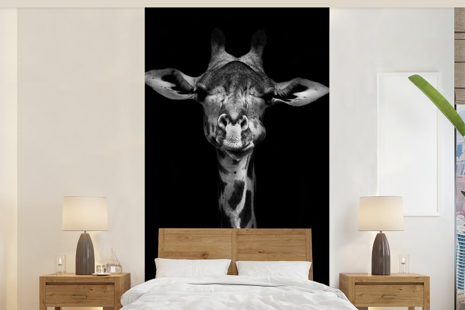 MuchoWow Fototapete Giraffe - Porträt - Tiere - Schwarz - Weiß, Matt, bedruckt, (2 St), Vliestapete für Wohnzimmer Schlafzimmer Küche, Fototapete