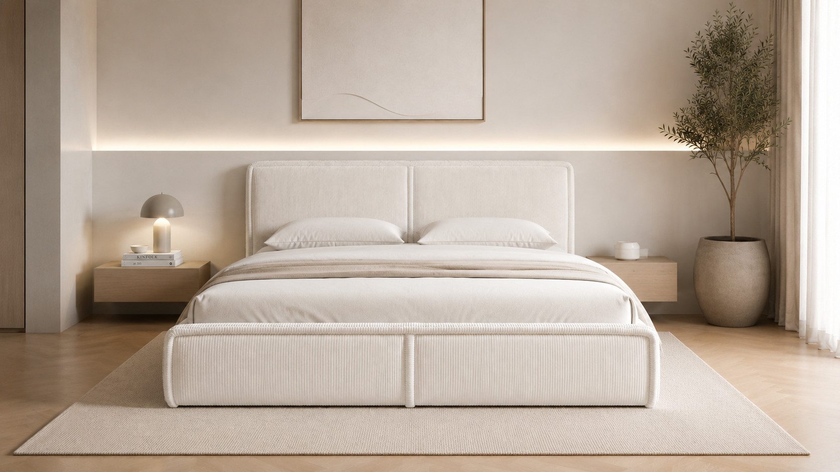MOEBLO Polsterbett BETT 04 (Bezug: aus Cord, Doppelbett mit Kopfstütze, Rahmenbettgestell 160x200, mit Bettkasten und Lattenrost), mit Bettkasten
