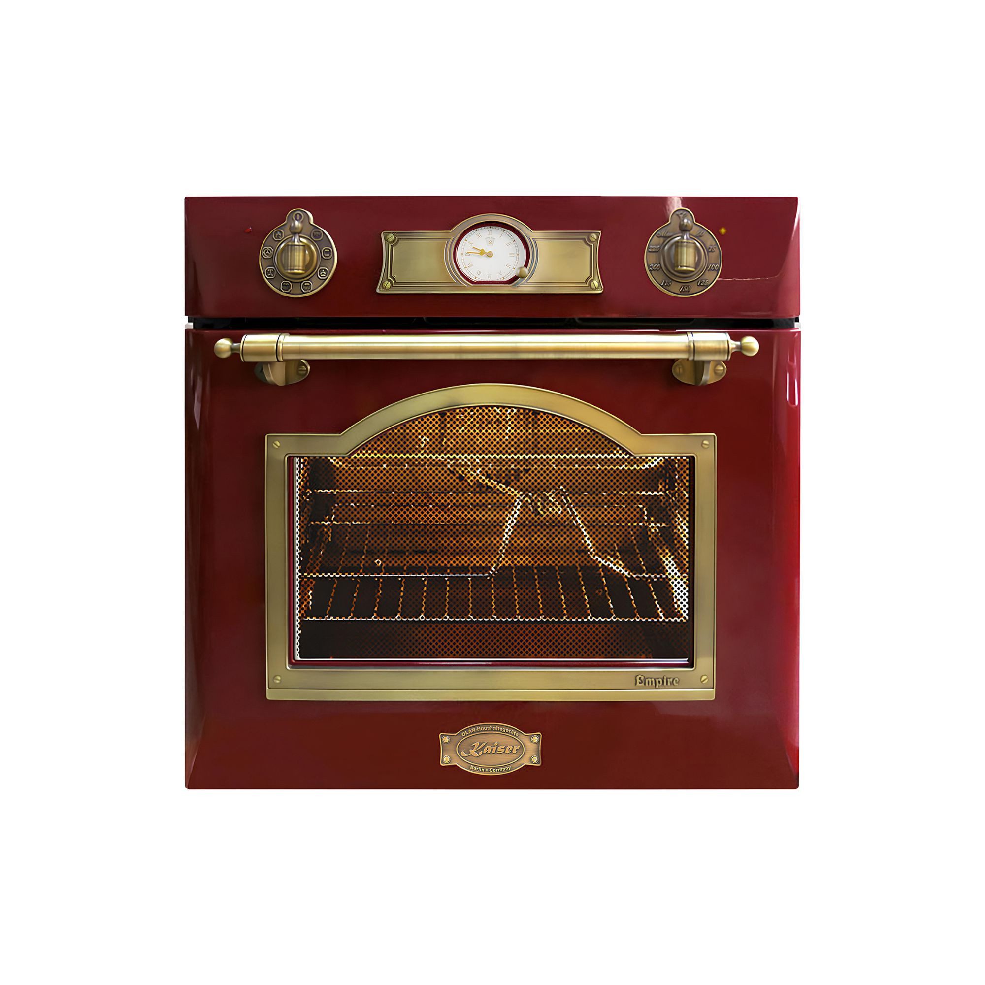 Kaiser Küchengeräte Einbaubackofen Kaiser Empire EH 6355 Backofen 60 cm Autark, Elektro Einbaubackofen, Teleskop-System, 67L, 8 Funktionen, Metall Dekor Exklusiver Retro Backofen EH 6355, mit 1-fach-Teleskopauszug, Katalytische, Exklusiver Kaiser Empire Retro Elektro Backofen 60 cm Autark