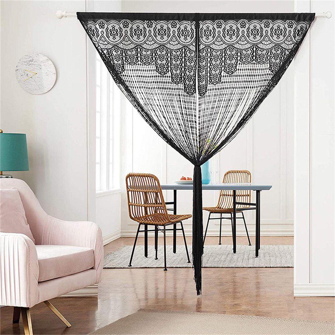 Schwarz Türvorhang DÖRÖY Dekorativer mit Trennvorhang, Schnurvorhang Quasten, transparenter