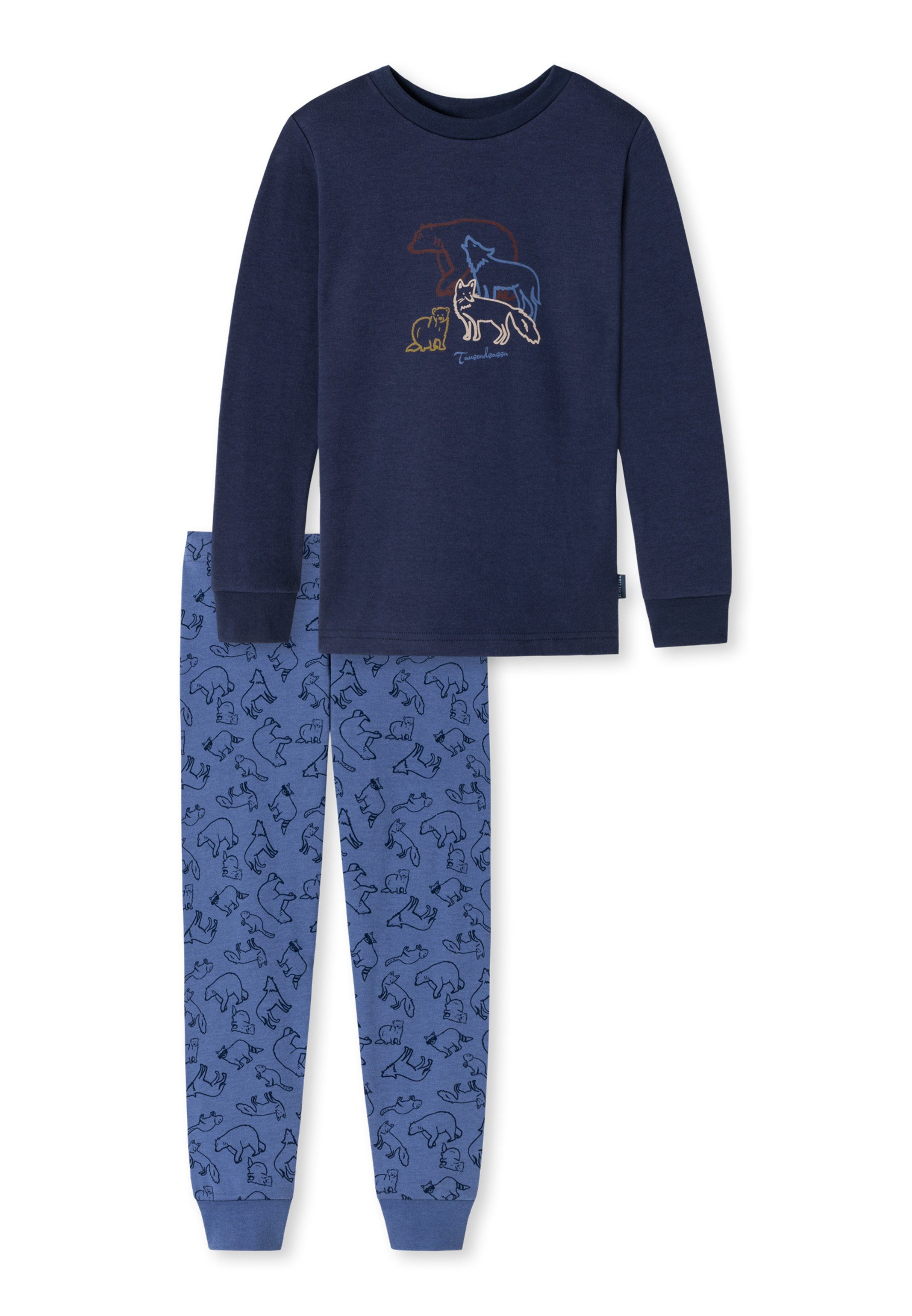 Schlafanzug - Schiesser Baumwolle tlg) Love Organic Wildtier-Motiv Pyjama mit Natural (Set, - 2 Cotton Langarm Oberteil