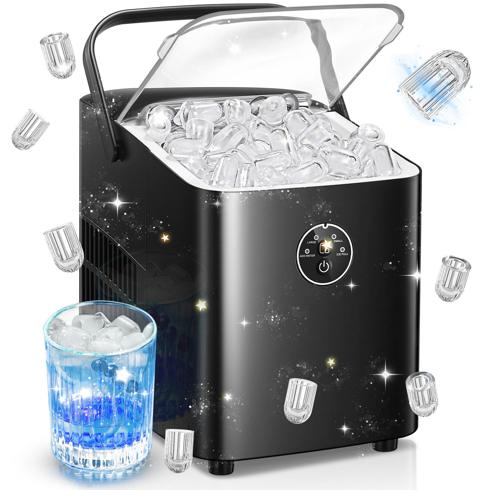 FOHERE Eiswürfelmaschine Eiswürfelmaschine klein, 6 Min. Eiswürfel, 2 Bullet Ice Größen, 14kg/24h, Selbstreinigend, Party/Büro