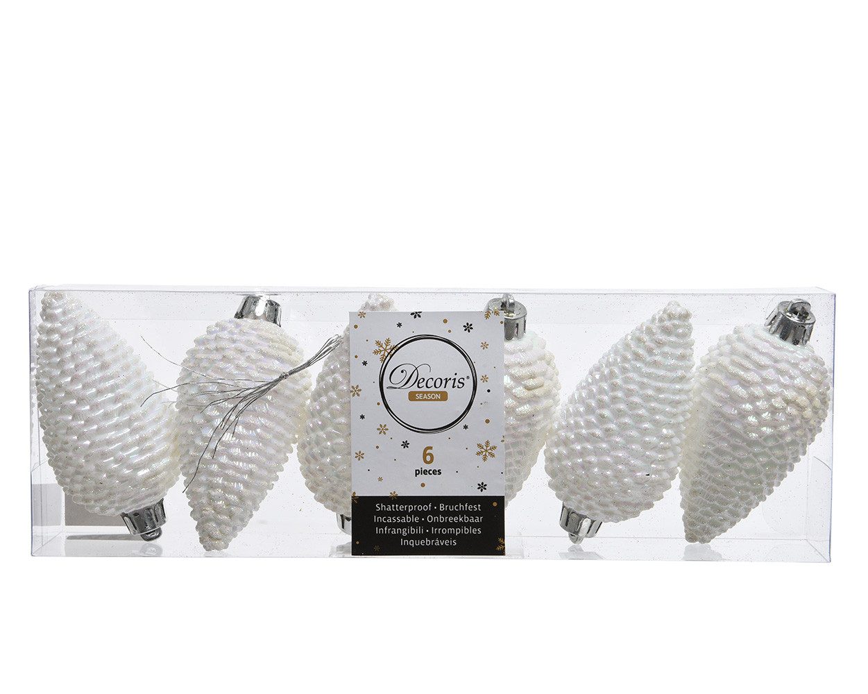Kaemingk Christbaumschmuck, Christbaumschmuck Zapfen Kunststoff 8cm weiß irisierend, 6 Stück