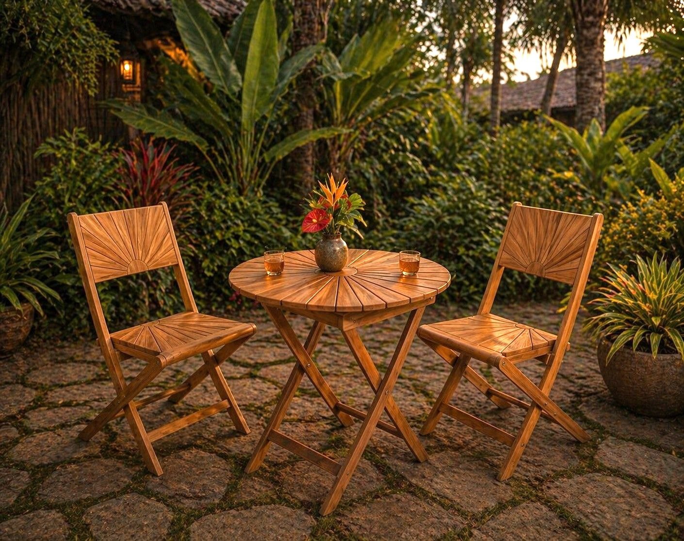 Vintagehaus Garten-Essgruppe Klappstuhl Klapptisch Sunset Boulevard Teakholz Outdoor 3er Set