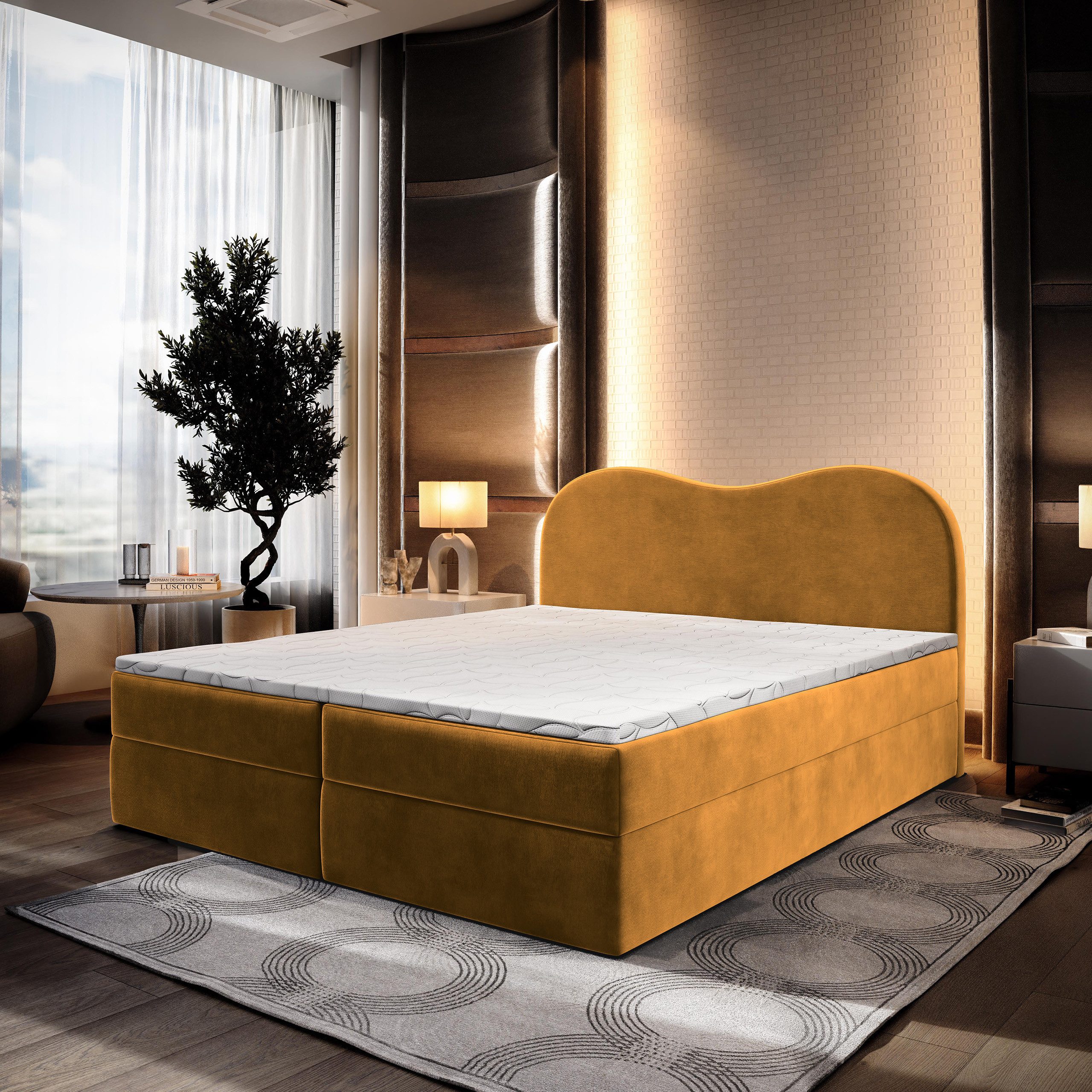 Masseno Boxbett FLUVIA 160x200 cm mit Bonell Matratze und Topper, Doppelbett, Polsterbett mit Kopfteil, Boxspringbett