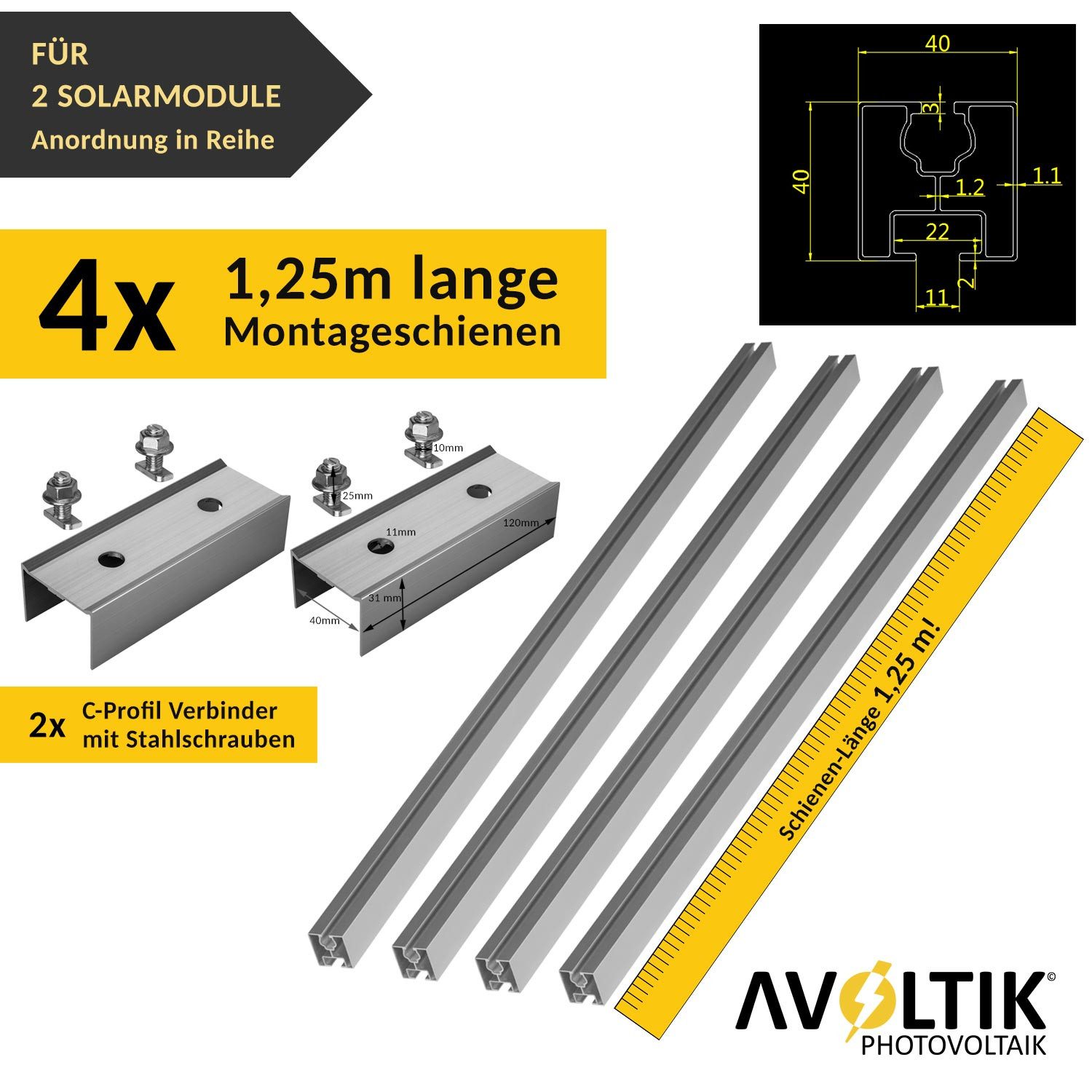 avoltik Solarmodul-Halterung Solar-Halterung Ziegeldach Montageset Dach Befestigung f 2 Solarmodule, (Avoltik Solarhalterung Ziegeldach Montageset Dach Befestigung für 2 Solarmodule mit schwarzen oder silbernen Klemmen, Solar-Halterung Ziegeldach Montageset Dach Befestigung f 2 Solarmodule, Solar-Halterung Ziegeldach Montageset Dach Befestigung f 2 Solarmodule)