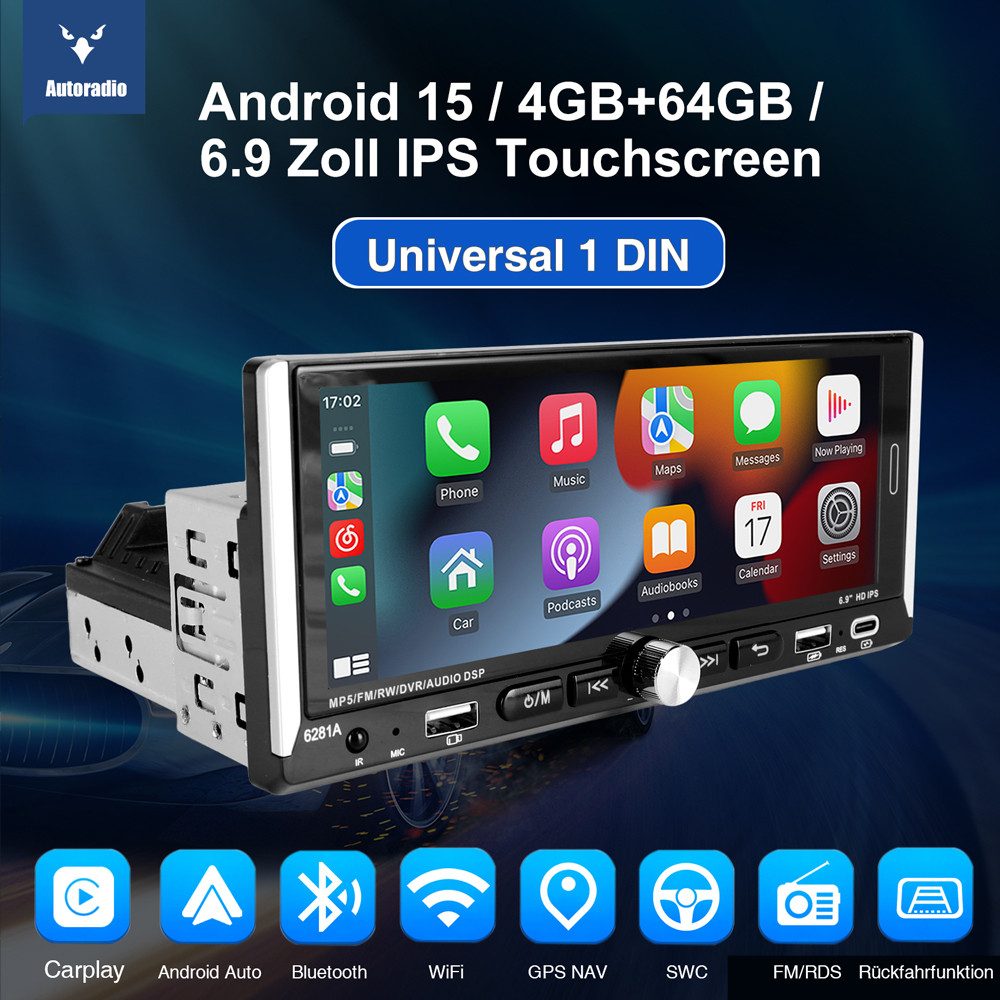 ESSGOO 4GB+64GB Single 1DIN Android 15 Apple Carplay Android Auto GPS WiFi Navigationsgerät (Carplay Android Auto Bluetooth FM AM RDS WIFI GPS)