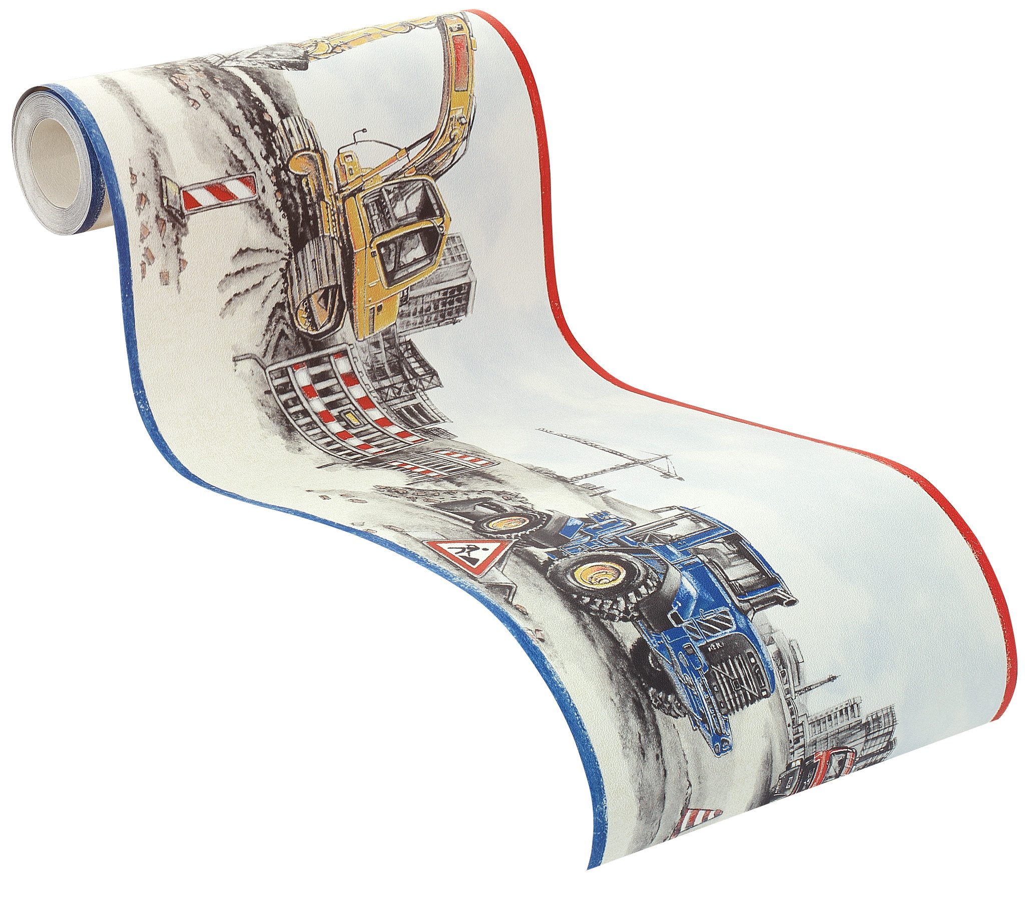 Rasch Papiertapete Bagger & Baustelle - Vliestapete Beige Schwarz Blau Rot, Kindlich, (1 Rolle, 1 St., 5 m x 0,255 m), gute Lichtbeständigkeit, feucht abwischbar, naß zu entfernen