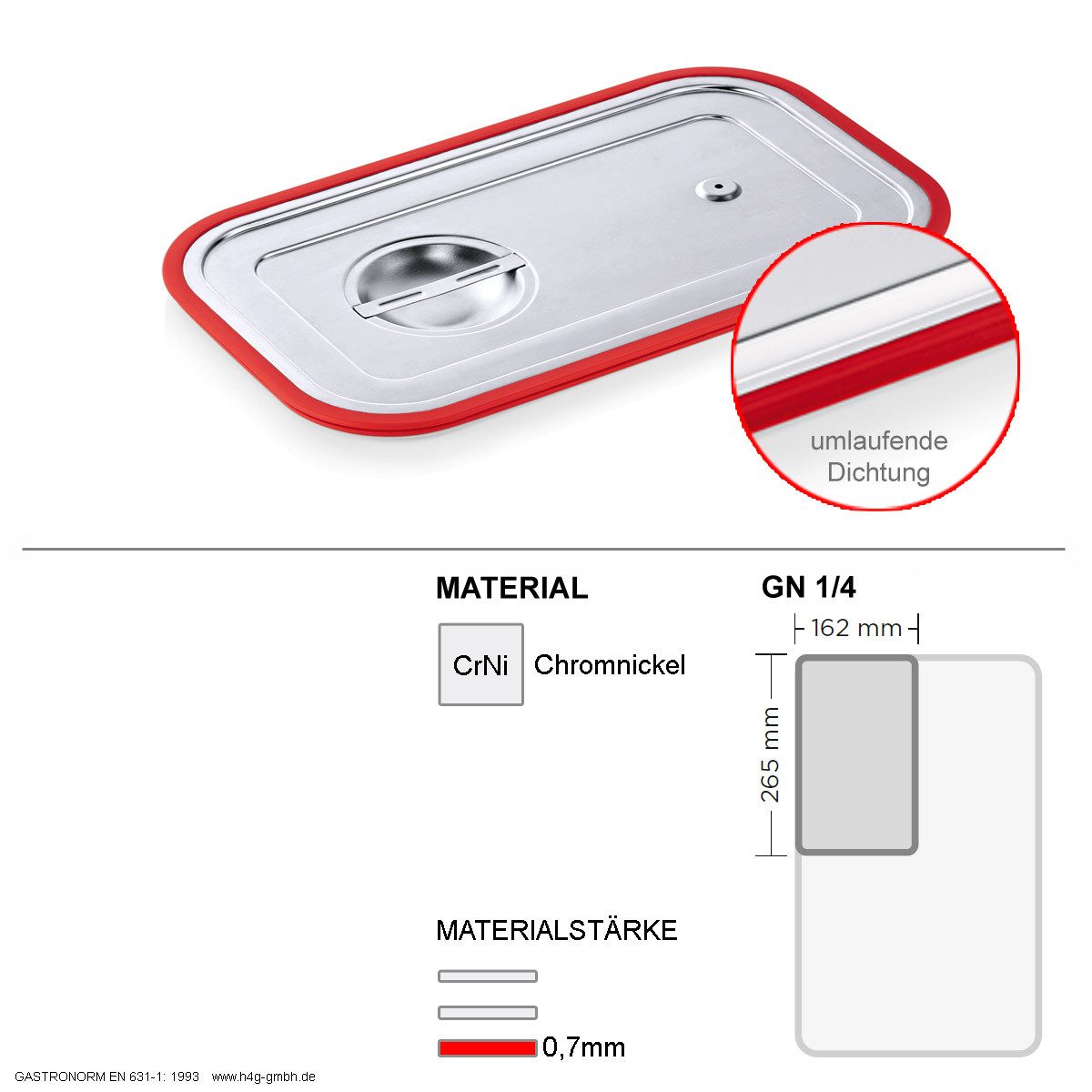WAS Thermobehälter Gastronorm GN 1/4 Deckel mit Dichtung Transportdeckel für GN Behälter, Chromnickelstahl CrNi