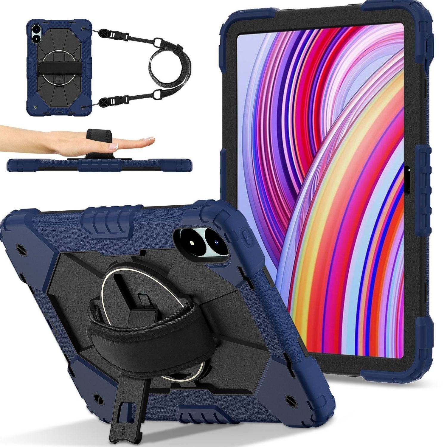 Wigento Tablet-Hülle Für Xiaomi Redmi Pad Pro 12.1 Design Silikon Hybrid Hülle Dunkelblau, Hybrid Schutzhülle Smart Case Cover mit Schultergurt