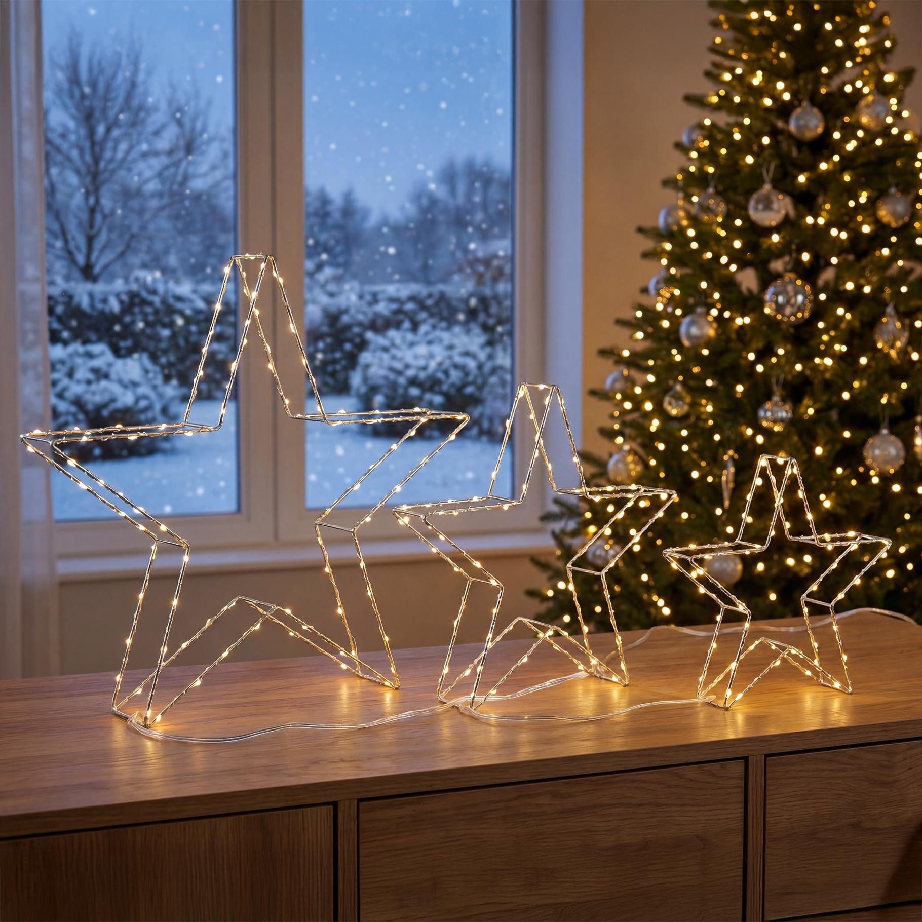 bonsport LED Stern 3er-Set Weihnachtssterne mit 450 LEDs - Weihnachtsstern Stehend, LED fest integriert, Warmweiß, Sternlampe Leuchtstern mit LED Beleuchtung für Fensterbank Fenster
