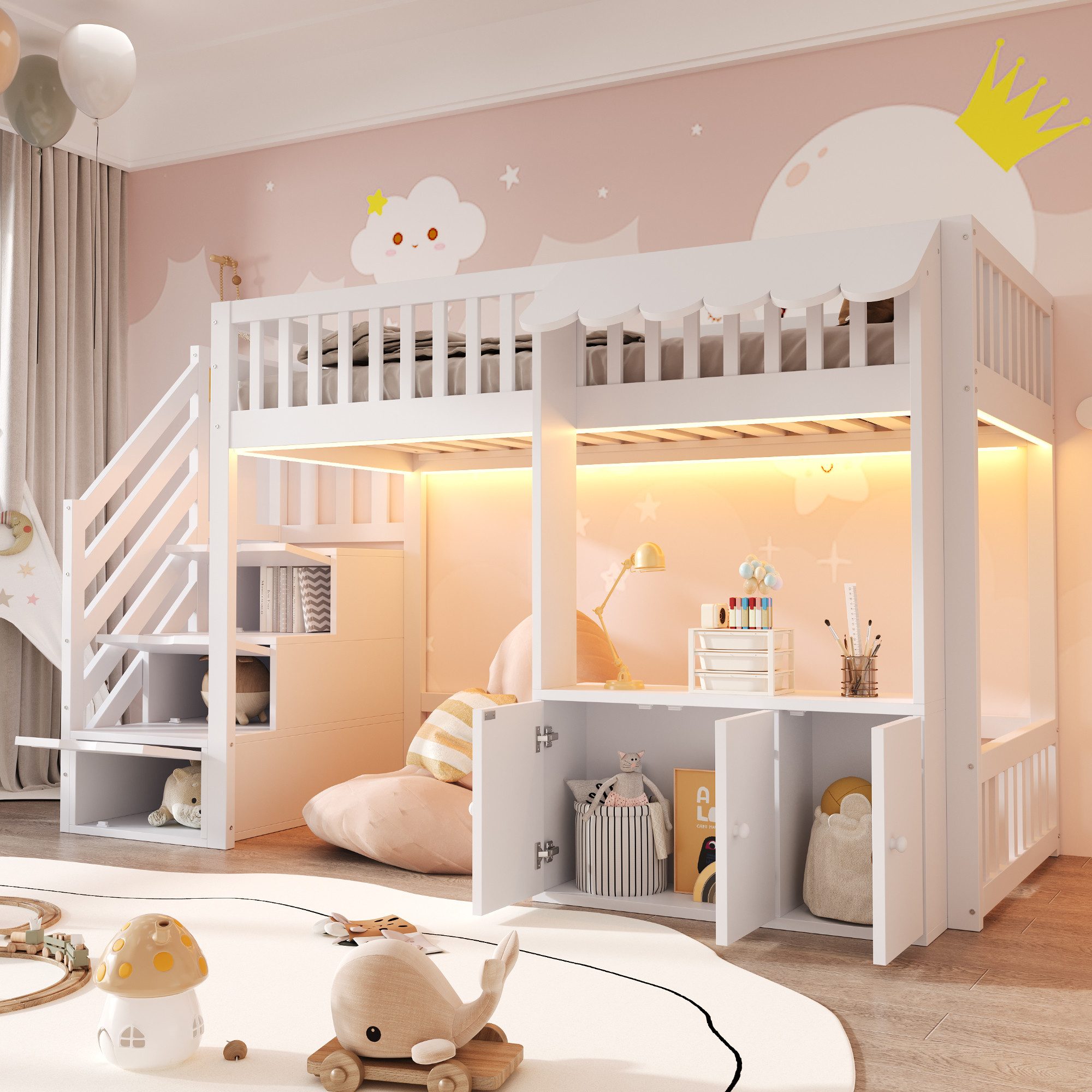 Flieks Hochbett Kinderbett Laden-Design 90×200cm mit Schrank und Stauraumtreppe