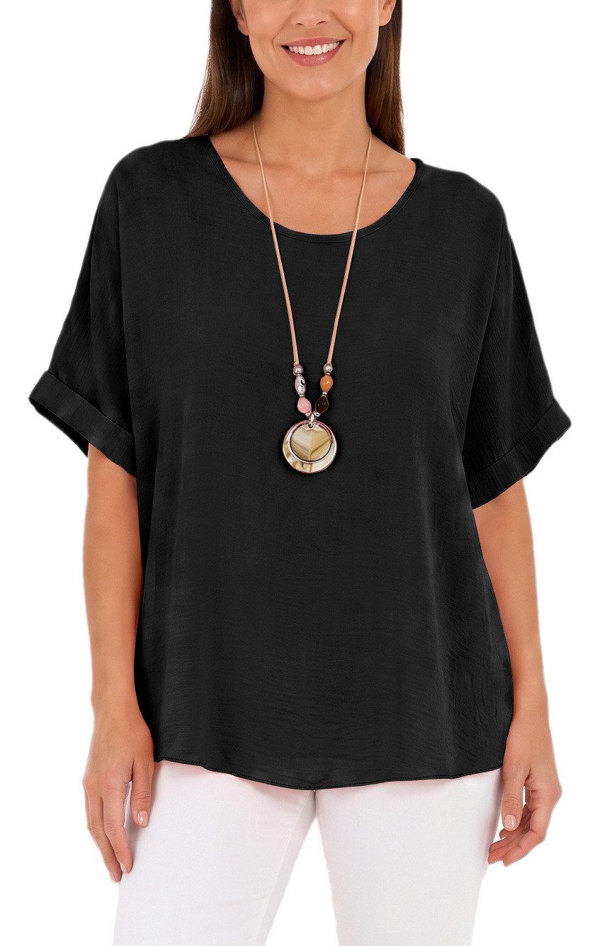 dy_mode Kurzarmbluse Kurzarmbluse Damen Blusenshirt Oberteil Oversize Tunika in Unifarbe, mit Statementkette