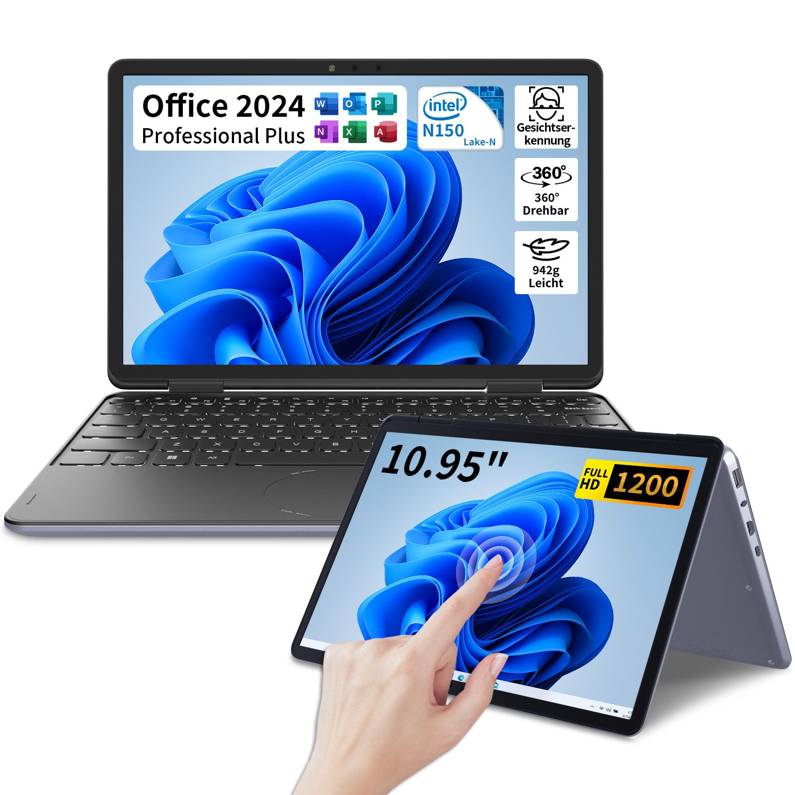 LONGEVINCE 2-in-1 Touchscreen Laptop 10,95", 16GB RAM + 256GB/512GB/1TB SSD Notebook (27,81 cm/10,95 Zoll, Intel, Intel Celeron N150, 256 GB SSD, 360° Flexibl, Windows 11 Pro + Office 2024)