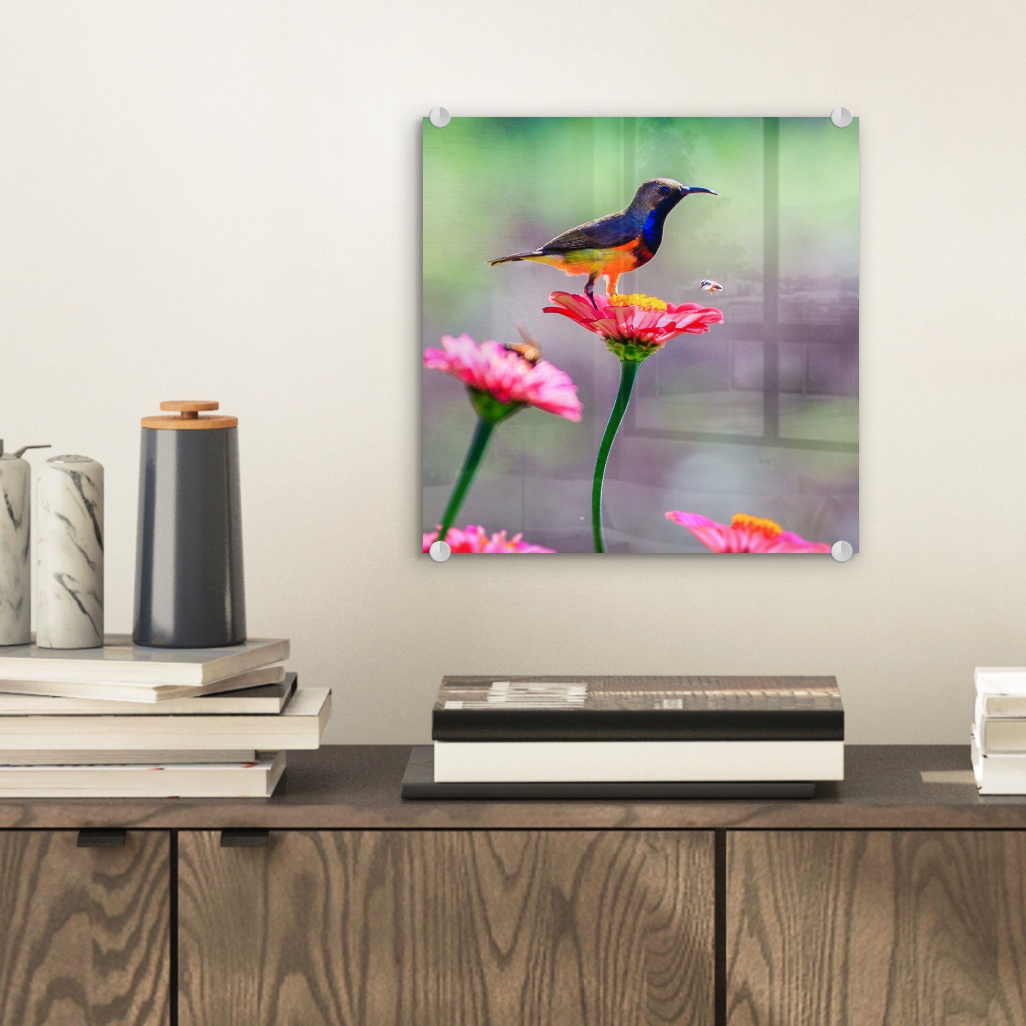 Wandbild auf Blüten, Nahaufnahme Kolibris - (1 Glas MuchoWow St), Bilder - - auf Foto Acrylglasbild Glasbilder eines Glas Wanddekoration rosa auf