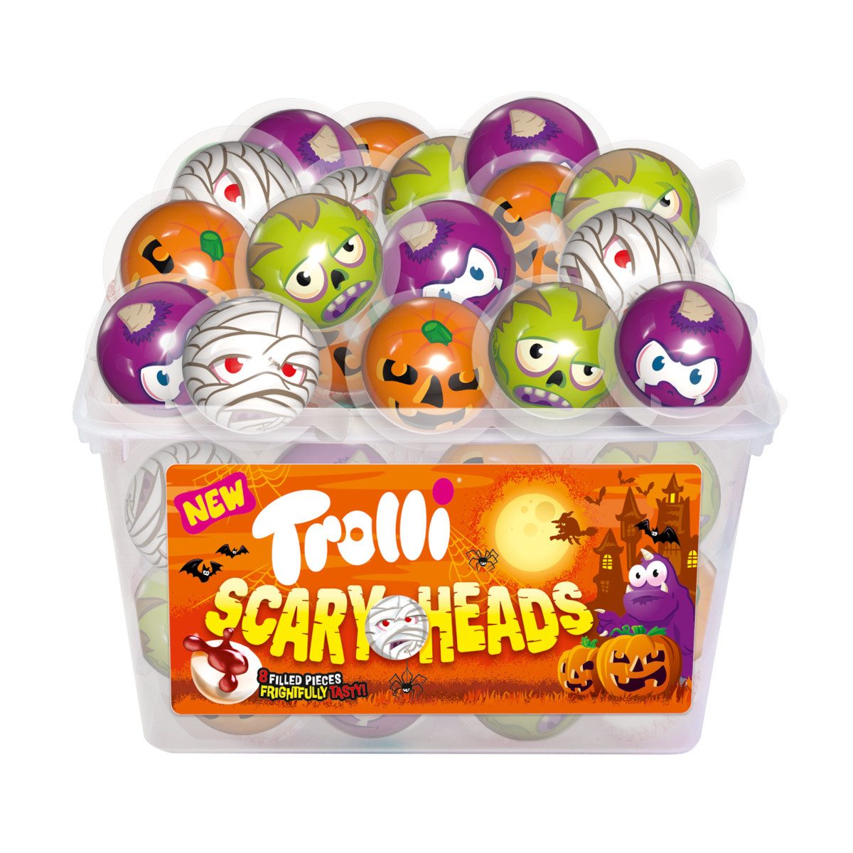 TROLLI Süßigkeit, Trolli Scary Heads 60 Stück Schaumzuckerbonbons Halloweenmotiv 1128g