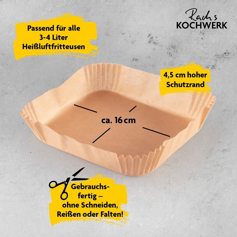 Rachs KOCHWERK Backpapier Schalen für Heißluft Fritteuse 100 Stk., Antihaft Beschichtung, Öl-, Wasser- und Hitzebeständig