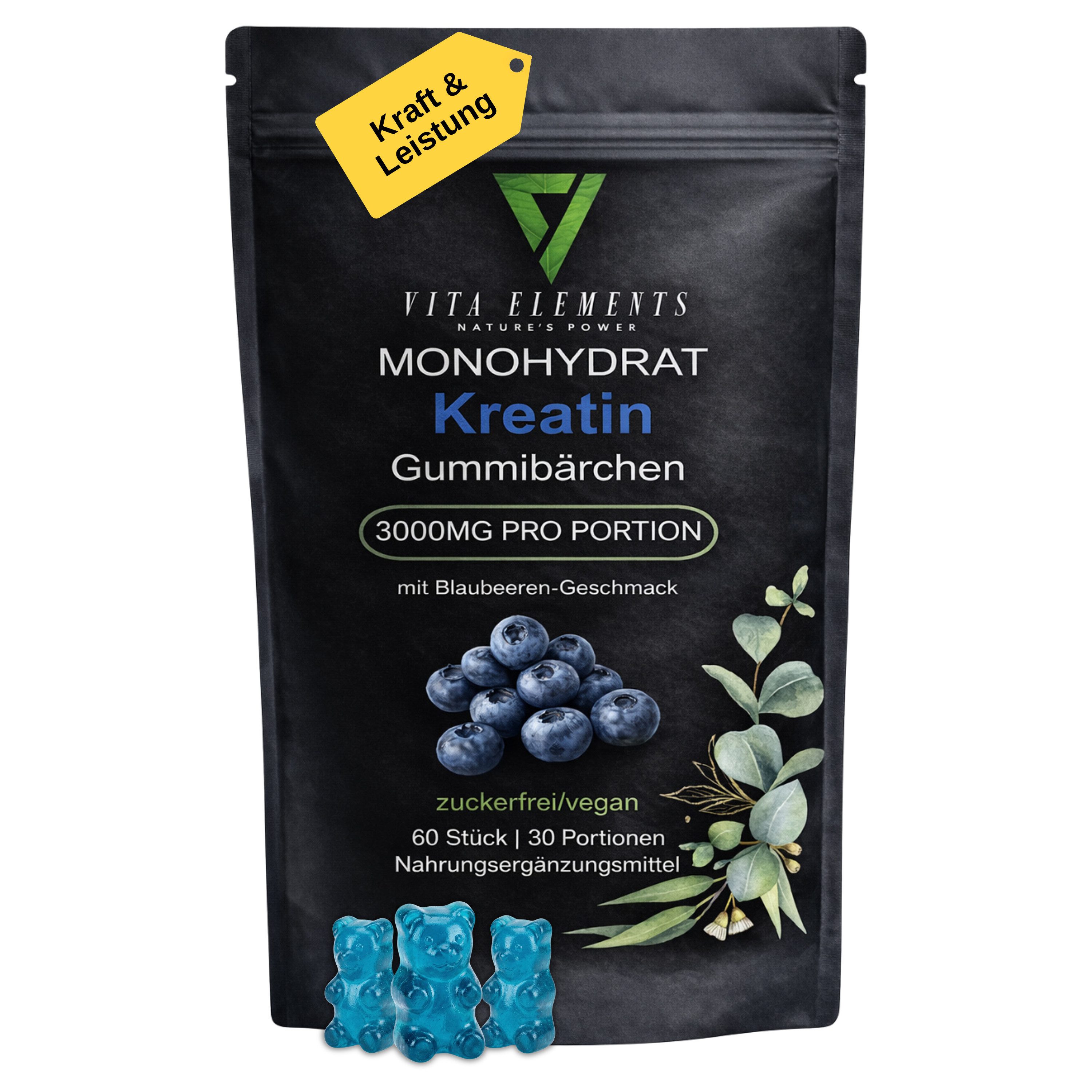Vita Elements Kreatin Monohydrat Gummibärchen, 60 St., Glutenfrei Ohne Gentechnik Laborgeprüft in Deutschland Gummies