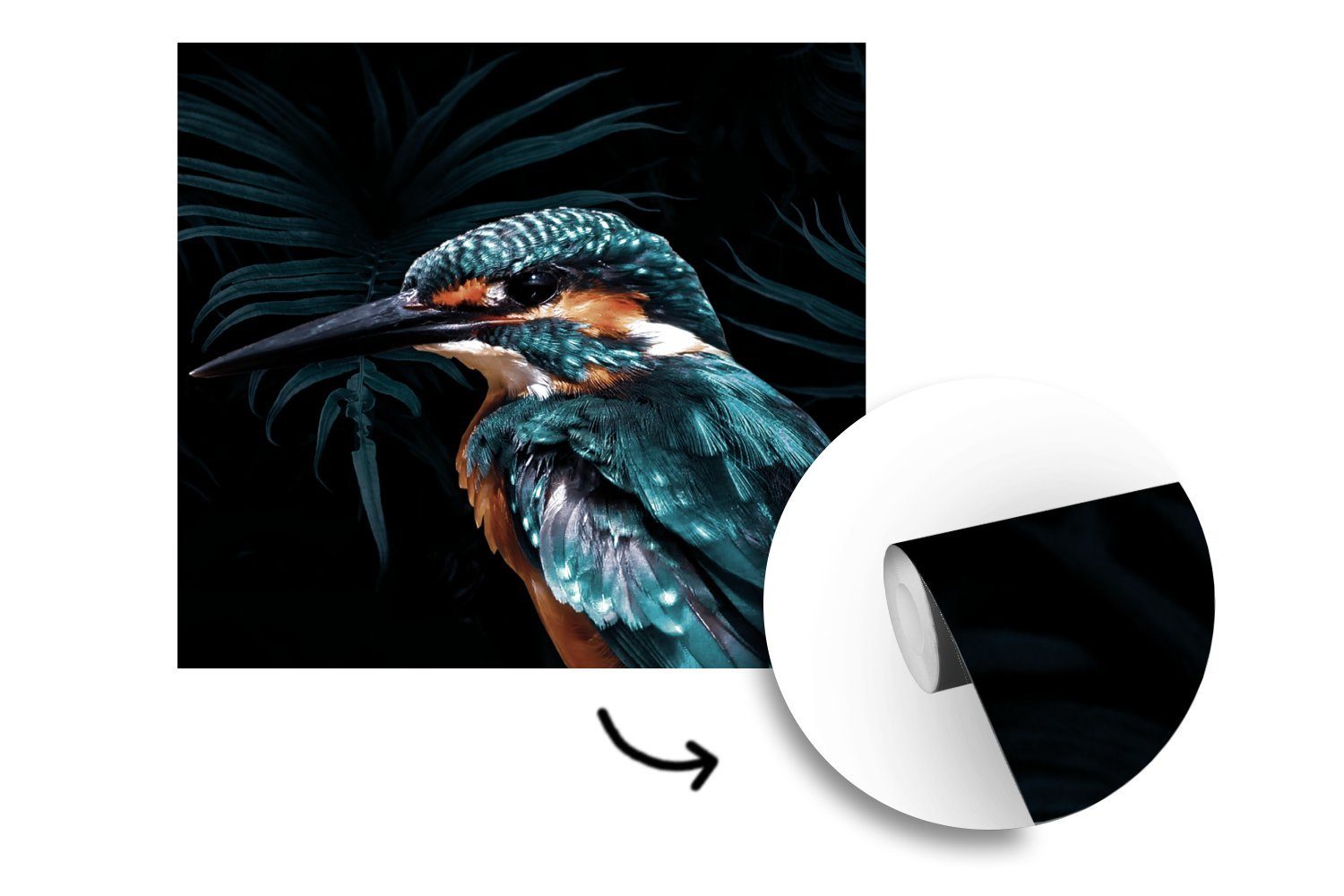 Grün, Eisvogel bedruckt, - Wandtapete Matt, Schlafzimmer, für MuchoWow Fototapete Tapete Vinyl (5 Vogel oder St), Wohnzimmer -