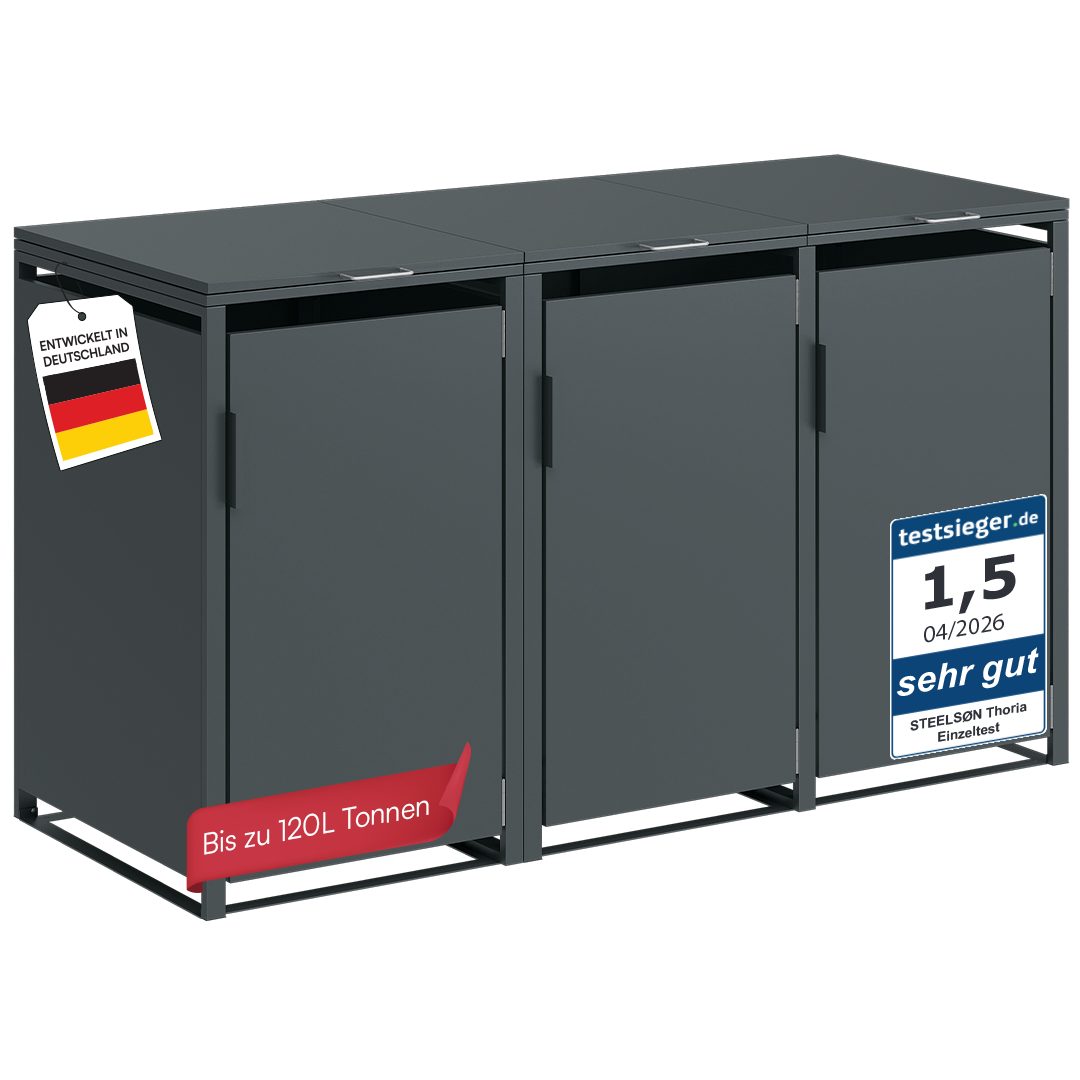 STEELSØN Mülltonnenbox Thoria 120 L aus verzinktem Stahl, magnetischer Türgriff (Anthrazit, verfügbar mit 1, 2, 3, 4, oder 5 Türen), für 3 Mülltonnen