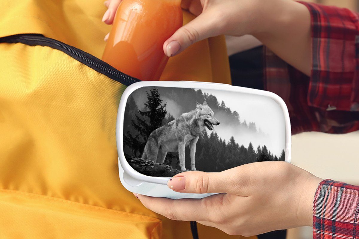 MuchoWow Lunchbox Wolf - Erwachsene, Weiß, Kinder Brotdose, - und Kunststoff, Brotbox für (2-tlg), Jungs - und Mädchen Schwarz Wald für