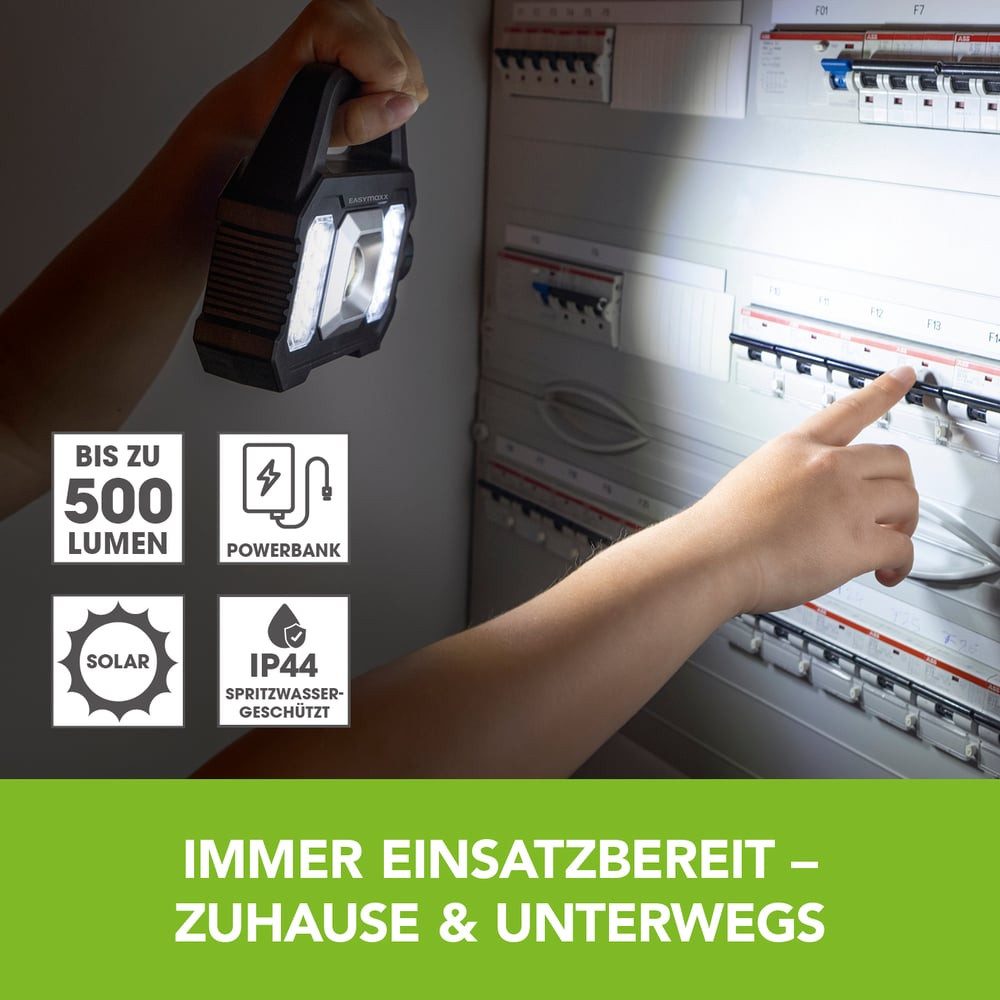 EASYmaxx LED Taschenlampe Solar-Arbeitsleuchte 3 in 1: COB-Strahler, dimmbares Seitenlicht, Aufladen durch Solarpanel oder per USB-Anschluss
