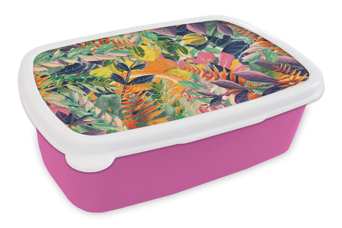 MuchoWow Lunchbox Blumen - Dschungel - Tropisch, Kunststoff, (2-tlg), Brotbox für Erwachsene, Brotdose Kinder, Snackbox, Mädchen, Kunststoff rosa