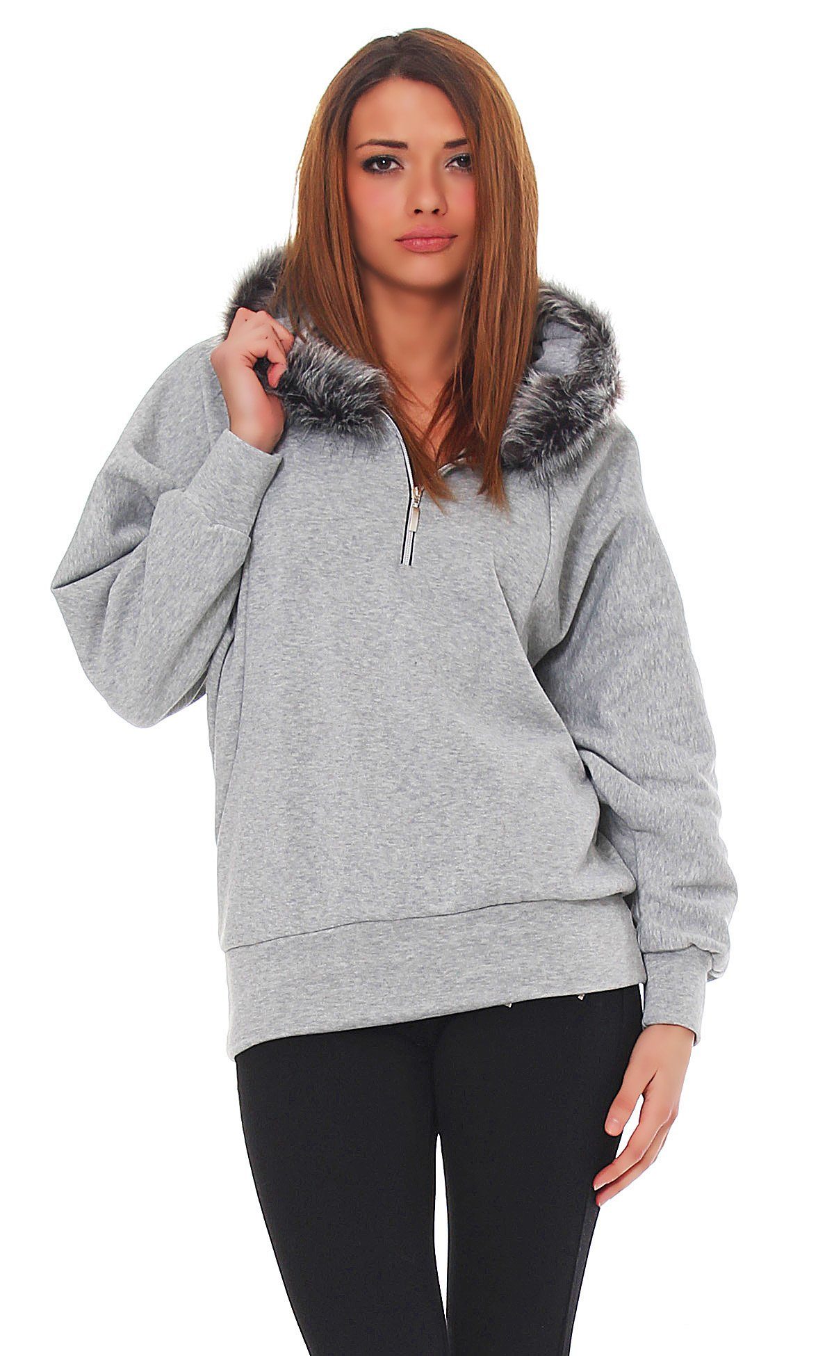 Mississhop Kapuzenfleecejacke Sweatshirt Sweatjacke mit Kunstpelz günstig online kaufen