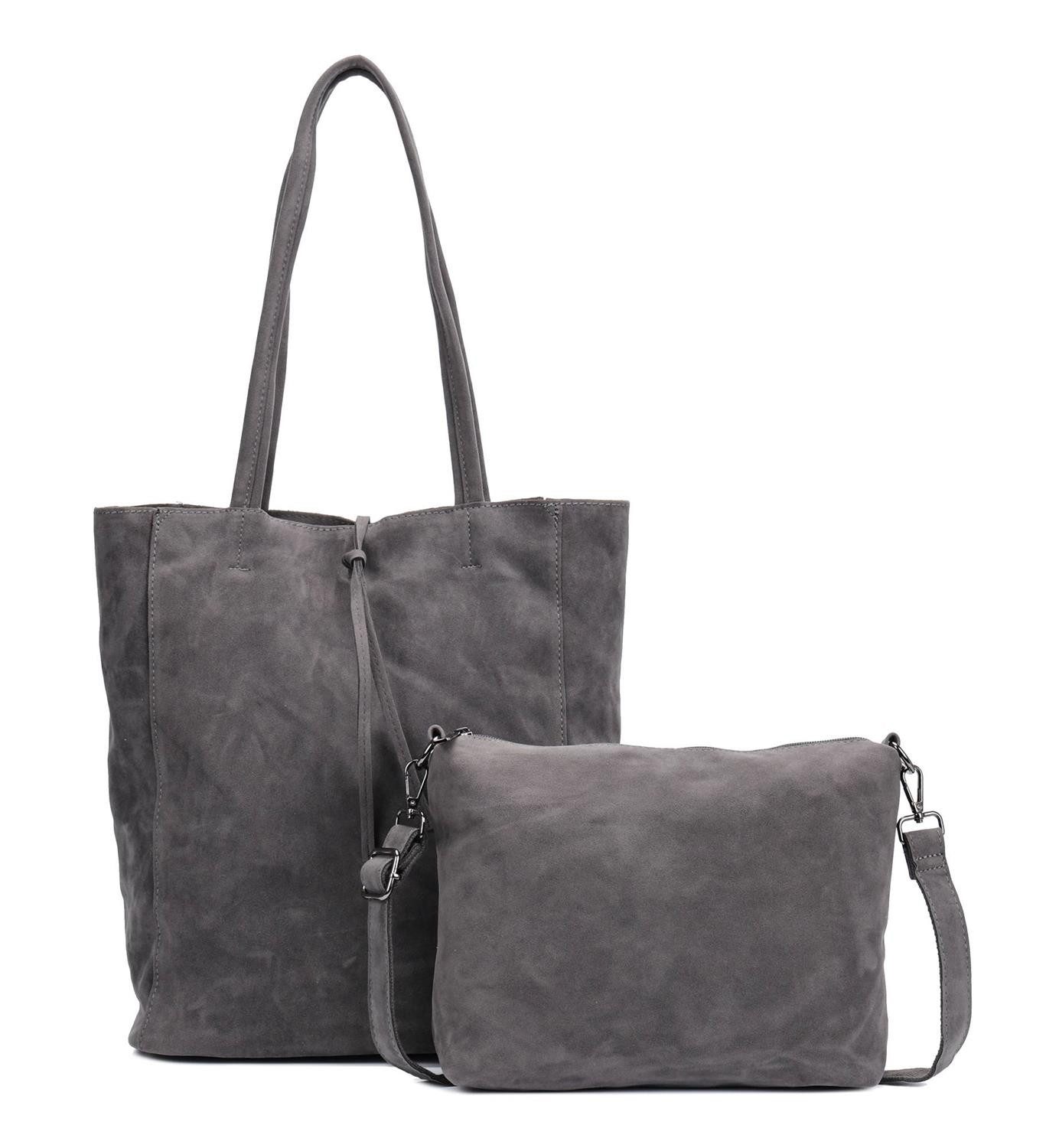 ITALYSHOP24 Schultertasche SET 2in1 Damen Tasche Umhängetasche XXL Hand-Tasche Shopper Tote Bag, Crossbody Reisetasche Henkeltasche Workbag Veganes Wildleder CrossOver