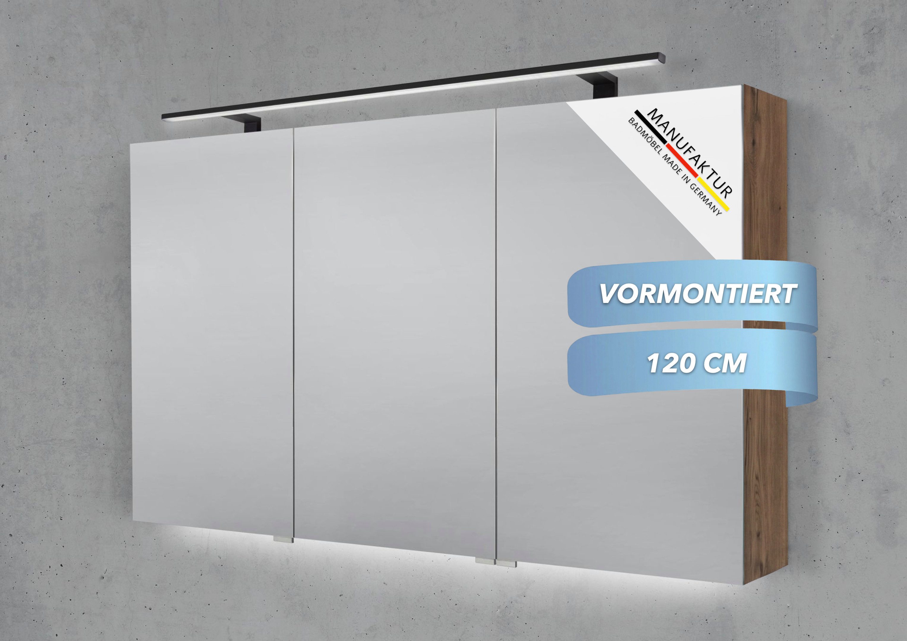 Intarbad Badezimmerspiegelschrank 3-türiger Spiegelschrank mit MULTI LED Aufsatzleuchte, dimmbar (Doppelspiegeltüren, Holz-/ Lackdekore, Maße von 120 bis 140 cm wählbar, Höhe 70 cm, Glasfachböden, Magnetleiste & Kosmetikspiegel Ø 12 cm) Vormontierte Lieferung, Floatglas, 160 kg Traglast, Made in Germany
