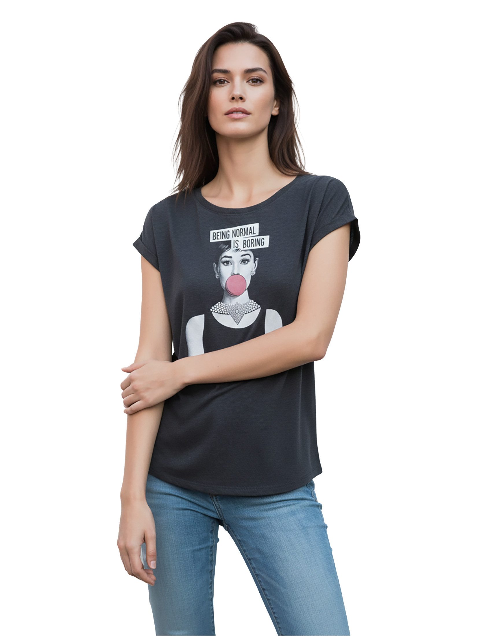 MAKAYA T-Shirt mit modischem Frontdruck Basic Sommer Top für Damen Casual Rundhals (Sprüche, Statement, Schwarz, Blau, Grau) große Größen