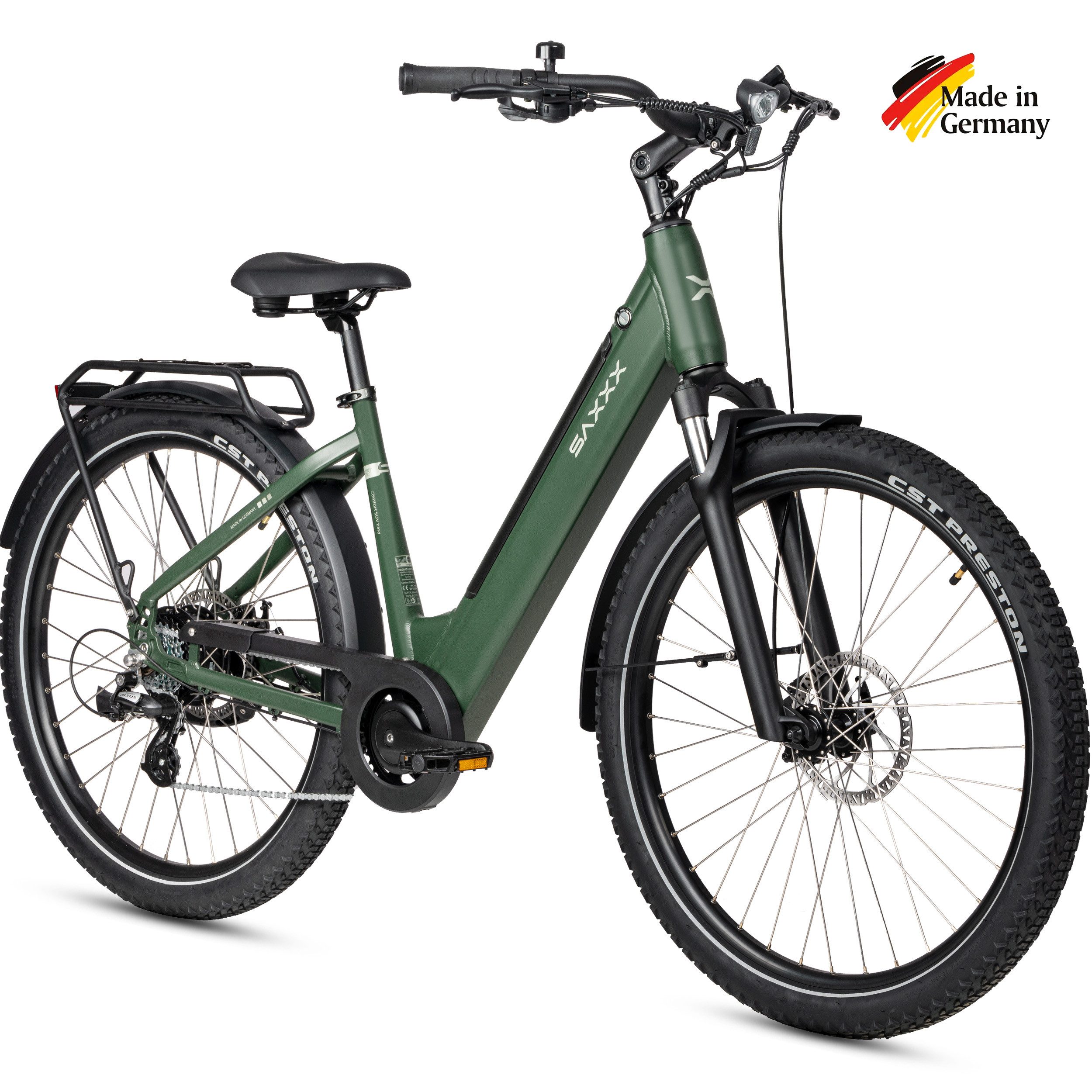 SAXXX E-Bike Cityrad Damen und Herren 28x2,35", SAXXX SUV, 468Wh, 120 km, 95 % vormontiert, 7 Gang SHIMANO Altus Schaltwerk, Kettenschaltung, Hinterradmotor, 468 Wh, (abnehmbarer Akku, mit Gepäckträger, mit Tiefeinstieg), 250W Heckmotor, Pedelec E-Citybike, Elektrofahrrad mit 45cm Rahmenhöhe