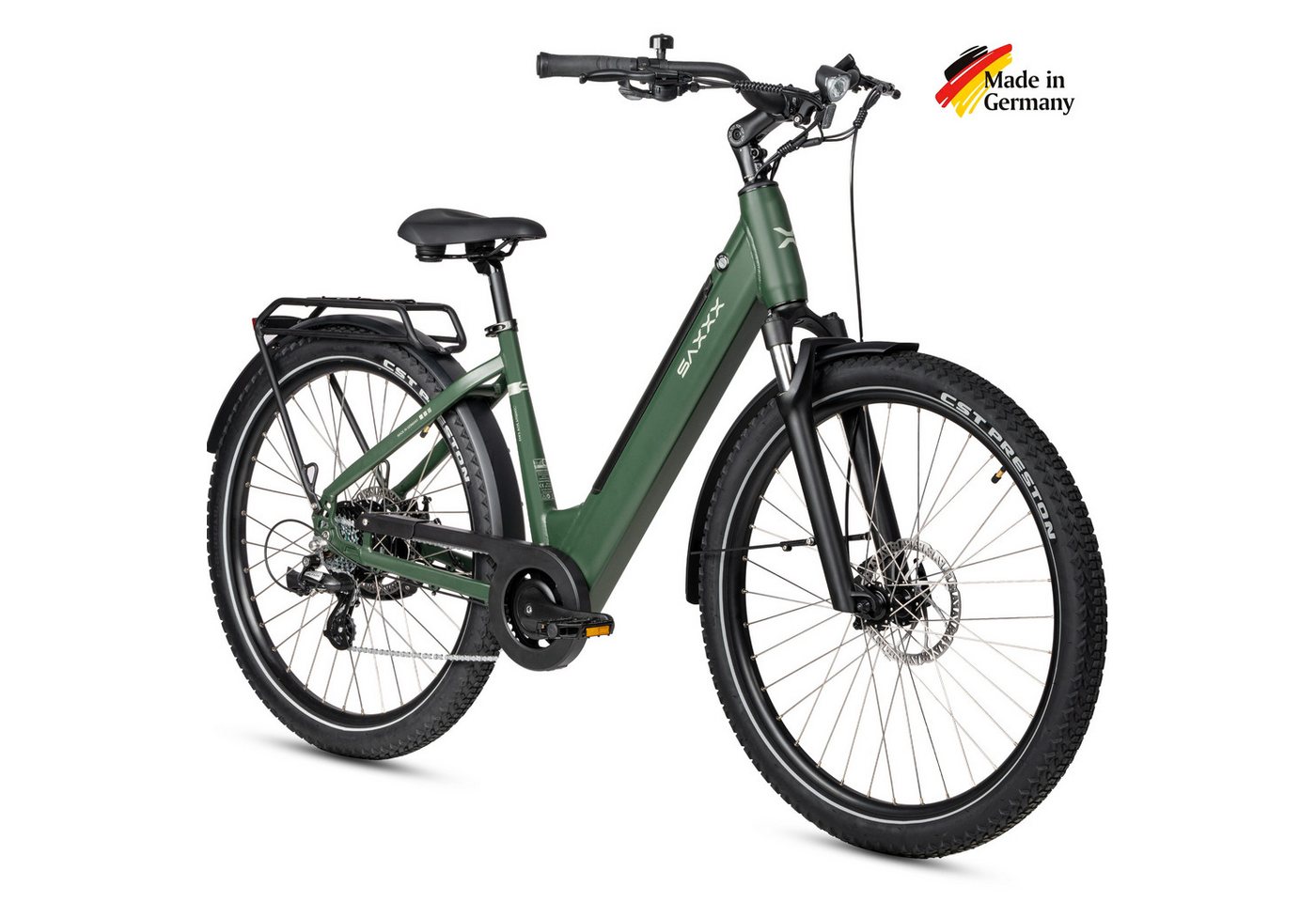 SAXXX E-Bike Cityrad Damen und Herren 28x2,35", SAXXX SUV, 468Wh, 120 km, 95 % vormontiert, 7 Gang SHIMANO Altus Schaltwerk, Kettenschaltung, Hinterradmotor, 468 Wh, (mit Tiefeinstieg, mit Gepäckträger, abnehmbarer Akku), 250W Heckmotor, Pedelec E-Citybik