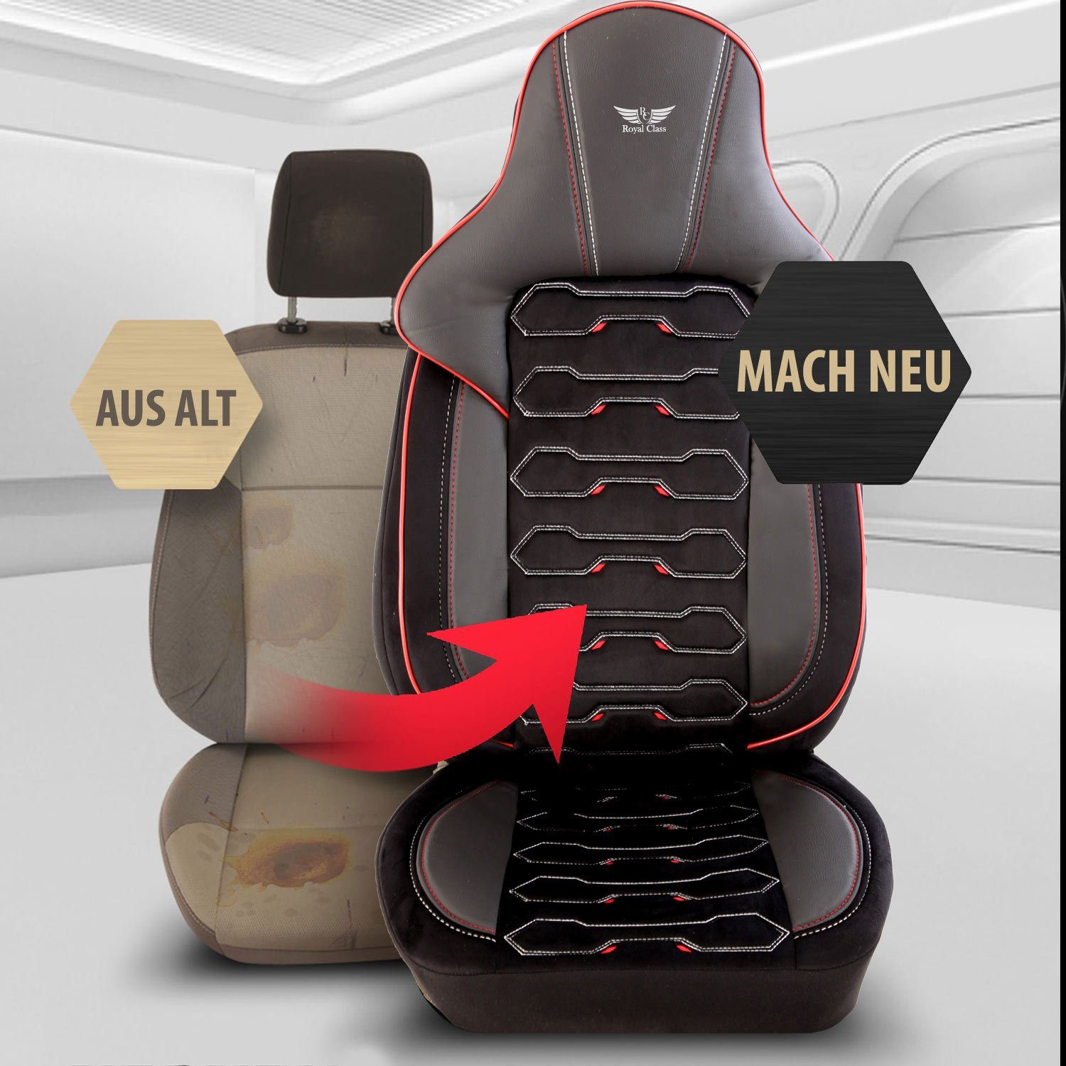RoyalClass® Autositzbezug Audi Airbag Class), 1 für (Schwarz-Rot Set, Sitzbezüge geeignet Beifahrersitzbezug, Fahrersitzbezug, passend für 1 A1