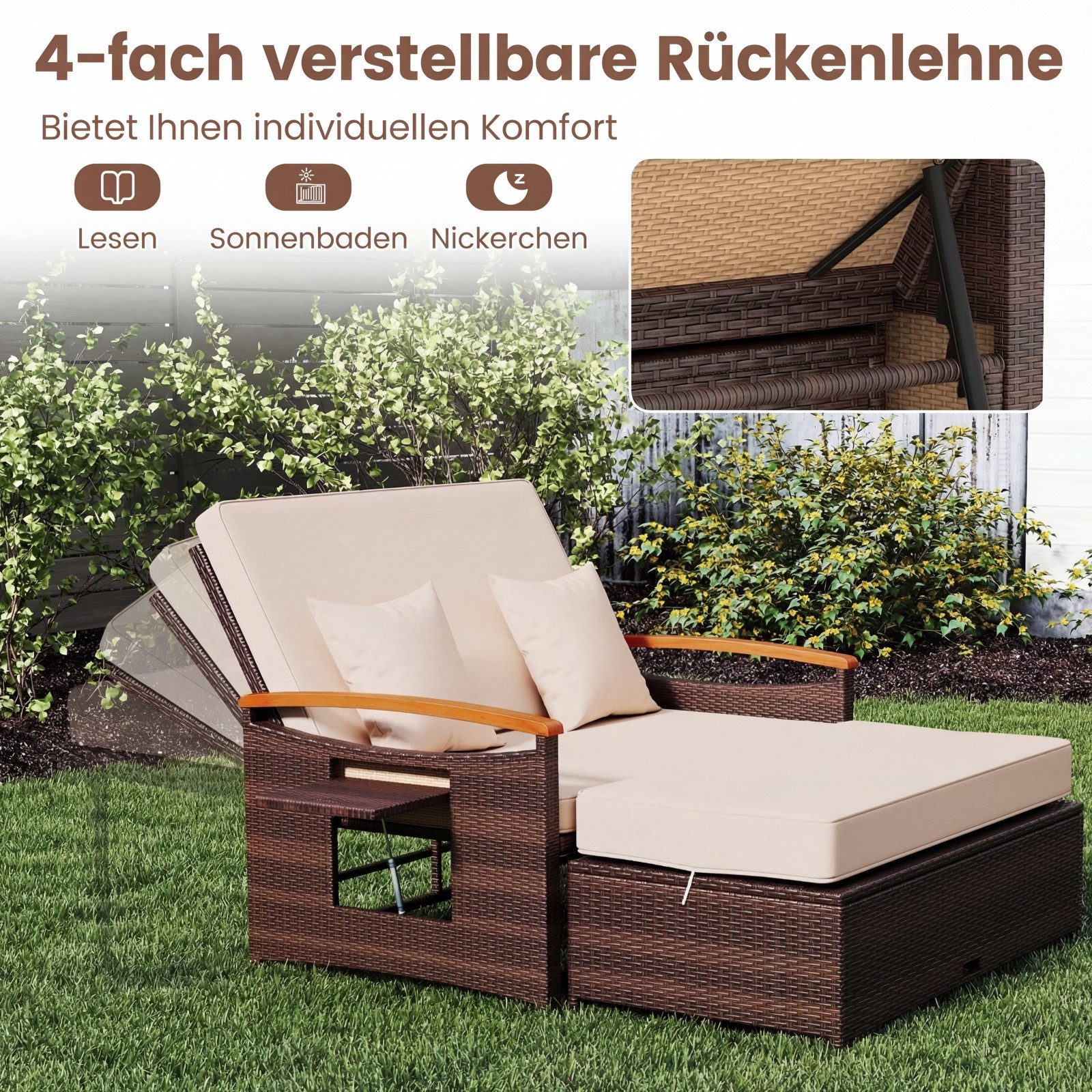 KOMFOTTEU Gartenliege 3 in1 Rattan Sofabett Doppelliege, mit ausziehbarer Seitenablage & Hocker