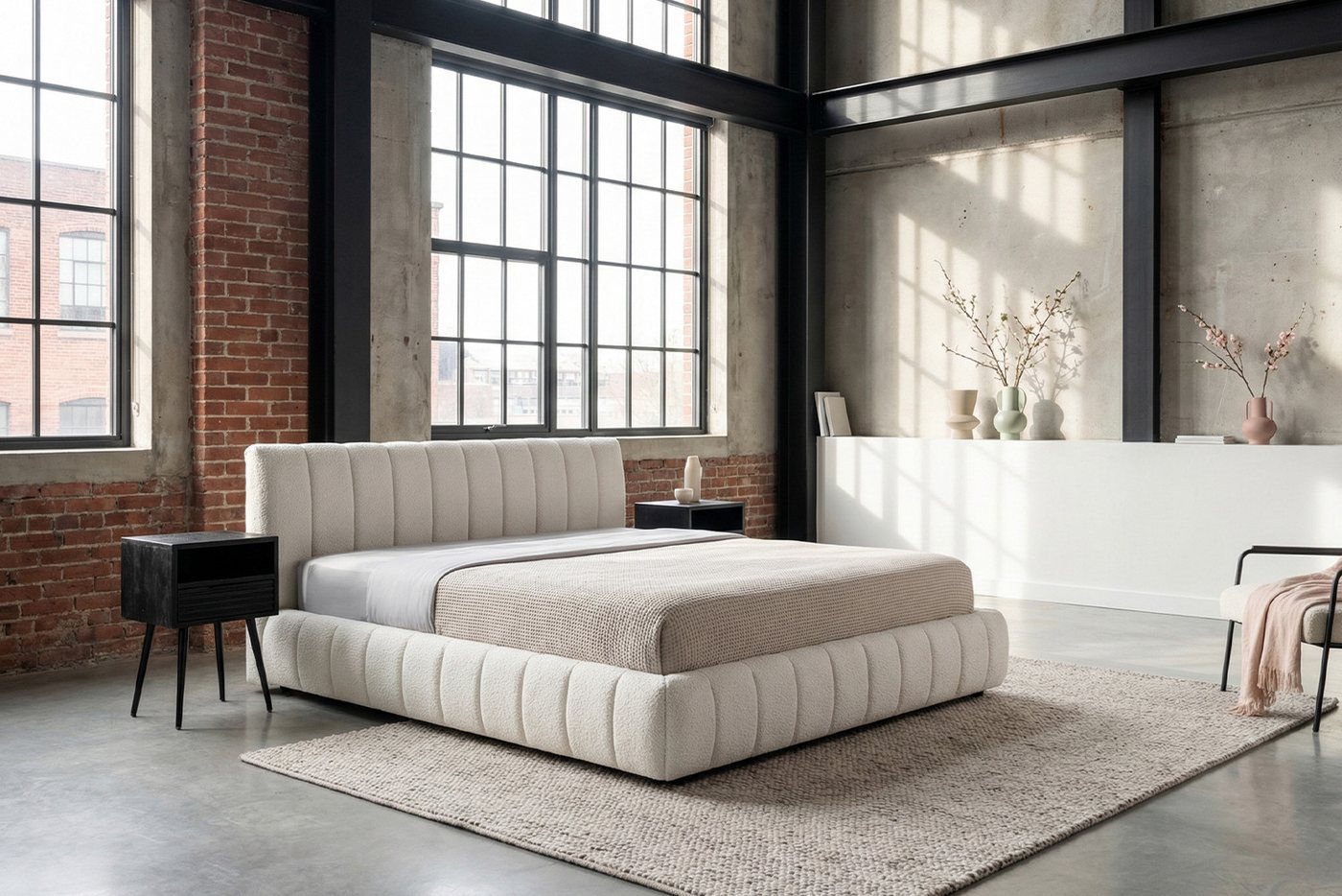 KAWOLA Polsterbett ALIOTTA Bouclé - Struktur trifft Design - Wohnlicher Look, Inklusive Lattenrost 3-fach höhenverstellbar - Komfort neu definiert