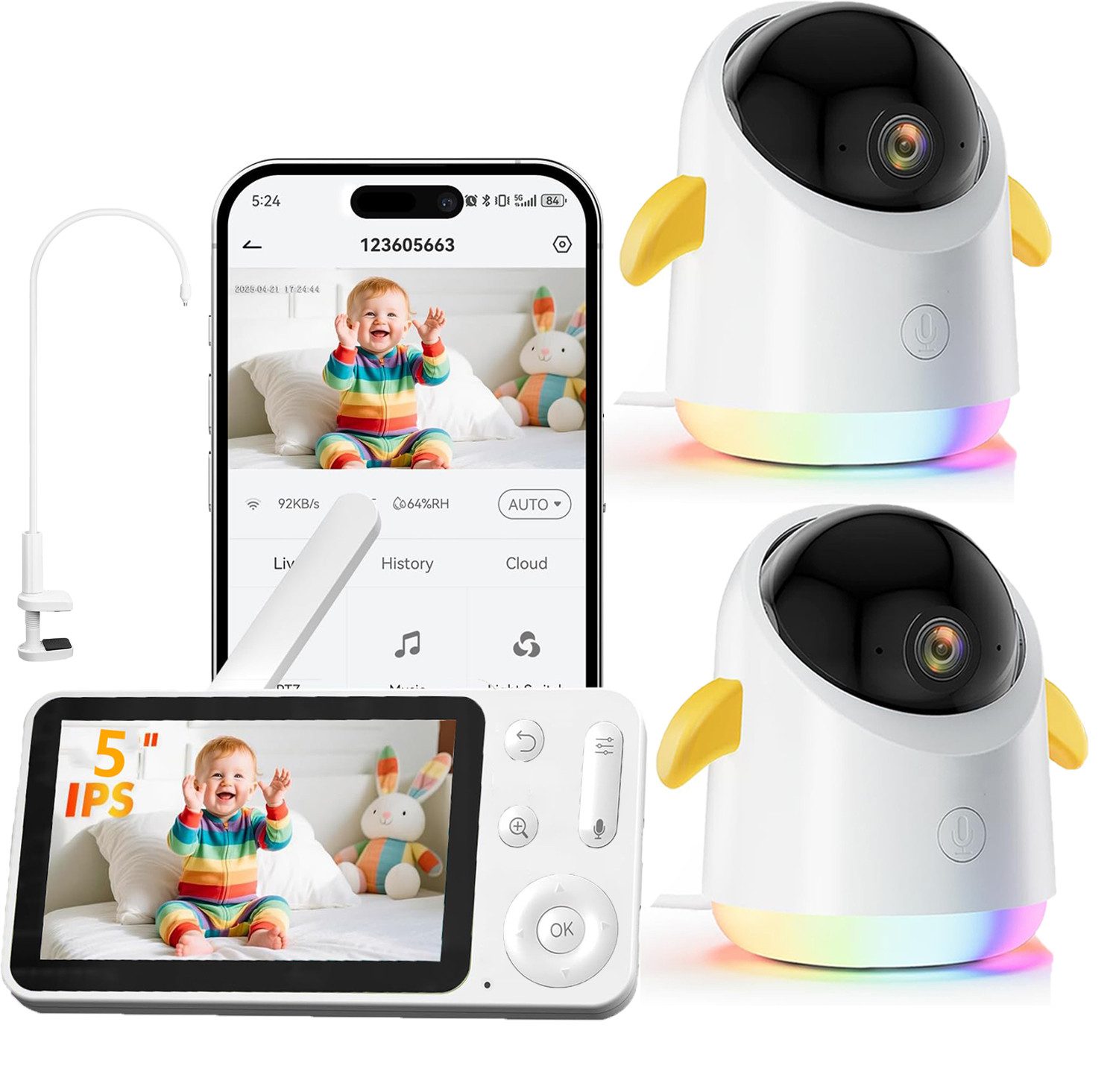 Babyphone 2K/3MP Babyphone mit Kamera und App IR/RBG Nachtsicht mit Halter