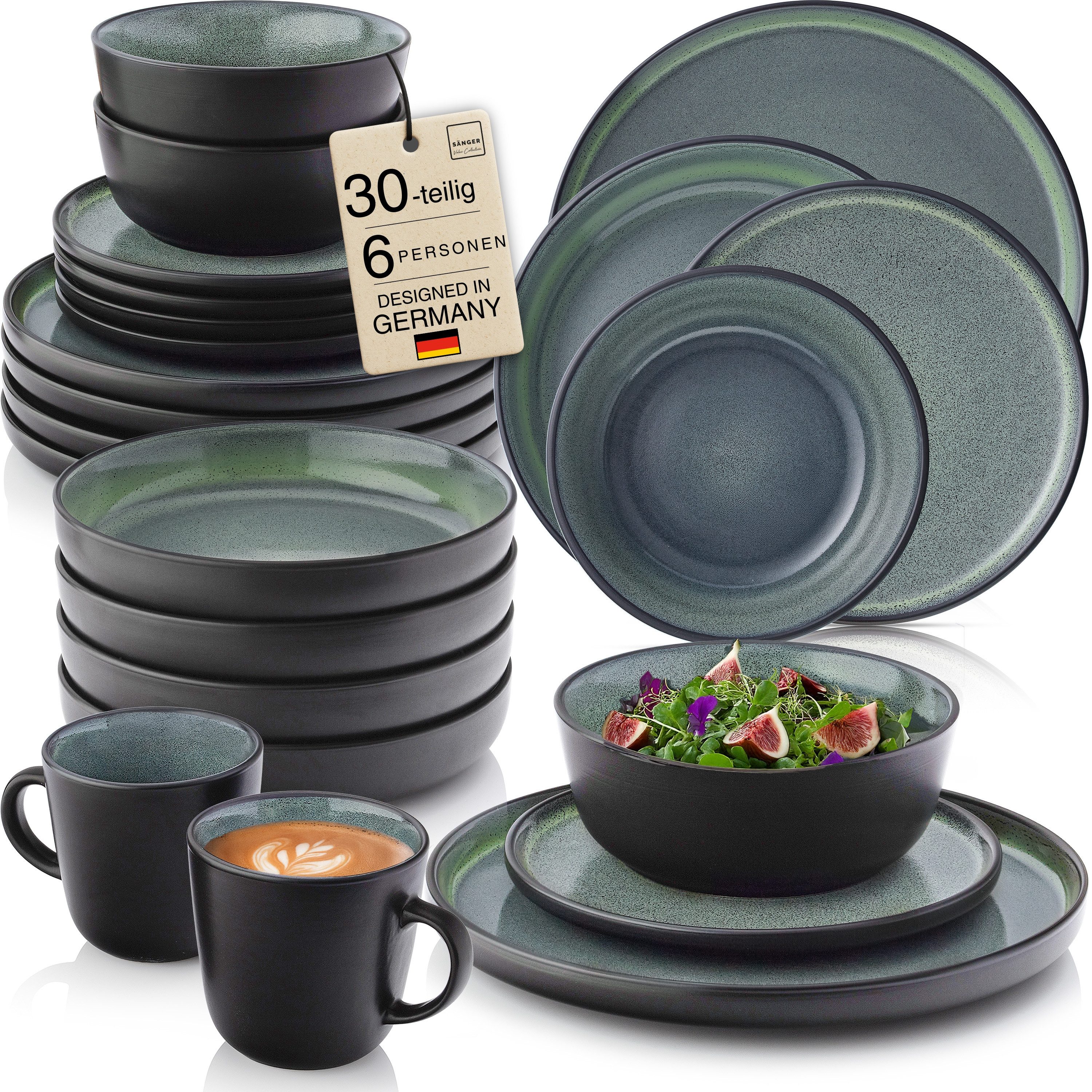 SÄNGER Tafelservice Malmö Geschirrset (30-tlg), 6 Personen, Steingut, Grün-Schwarz, Handmade, Erweiterbar, VALUE COLLECTION