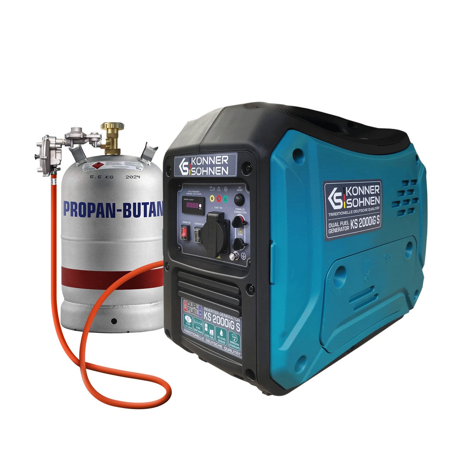 Könner & Söhnen Stromerzeuger KS 2000iG S, 2,00 in kW, (Superleiser Hybrid-Inverter (LPG/Benzin), 1-tlg., 2.0 kW, 62 dB(A), ECO-Modus für 50% Kraftstoffersparnis), Reine Sinuswelle, 19 kg, Parallelschaltung, EURO V