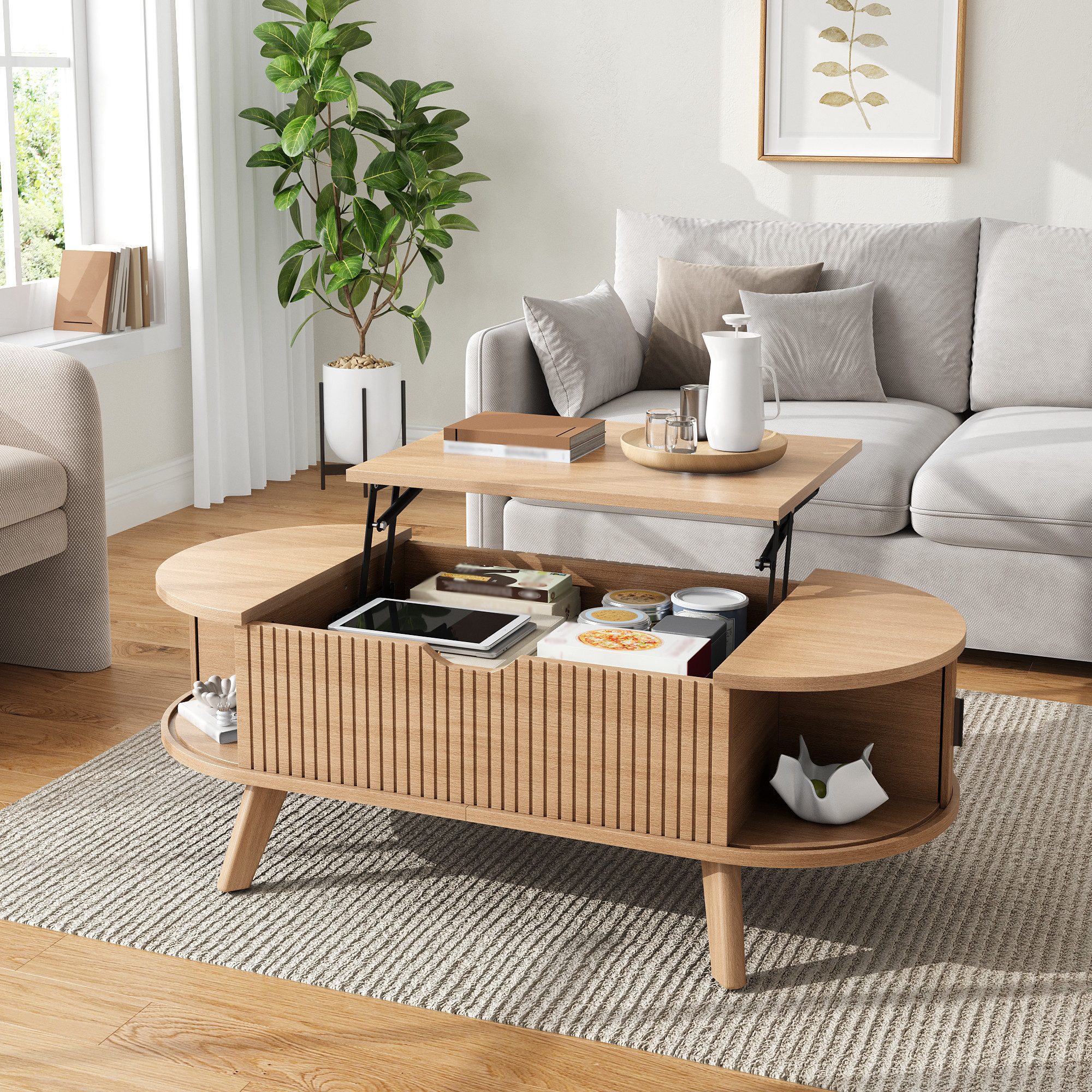 Merax Couchtisch ovaler Wohnzimmertisch Beistelltisch mit höhenverstellbarer Hubplatte (1-St., 110 x 50 x 53,5 cm), Sofatisch mit verstecktem Stauraum, 2 Schieb – Bild 4 von 5
