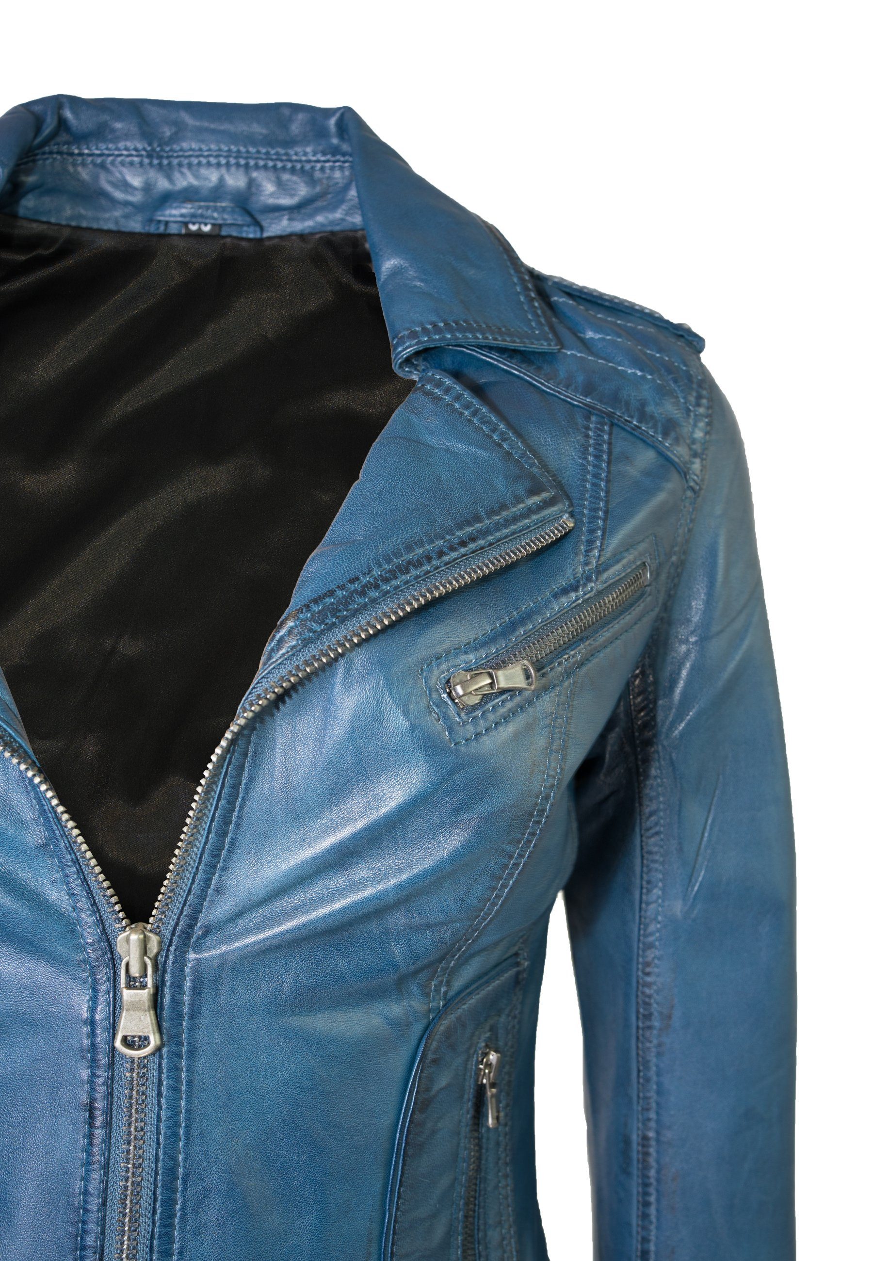 Lolus Lederjacke Mariah royalblau Kurze Damen Biker Lederjacke mit Reverskragen