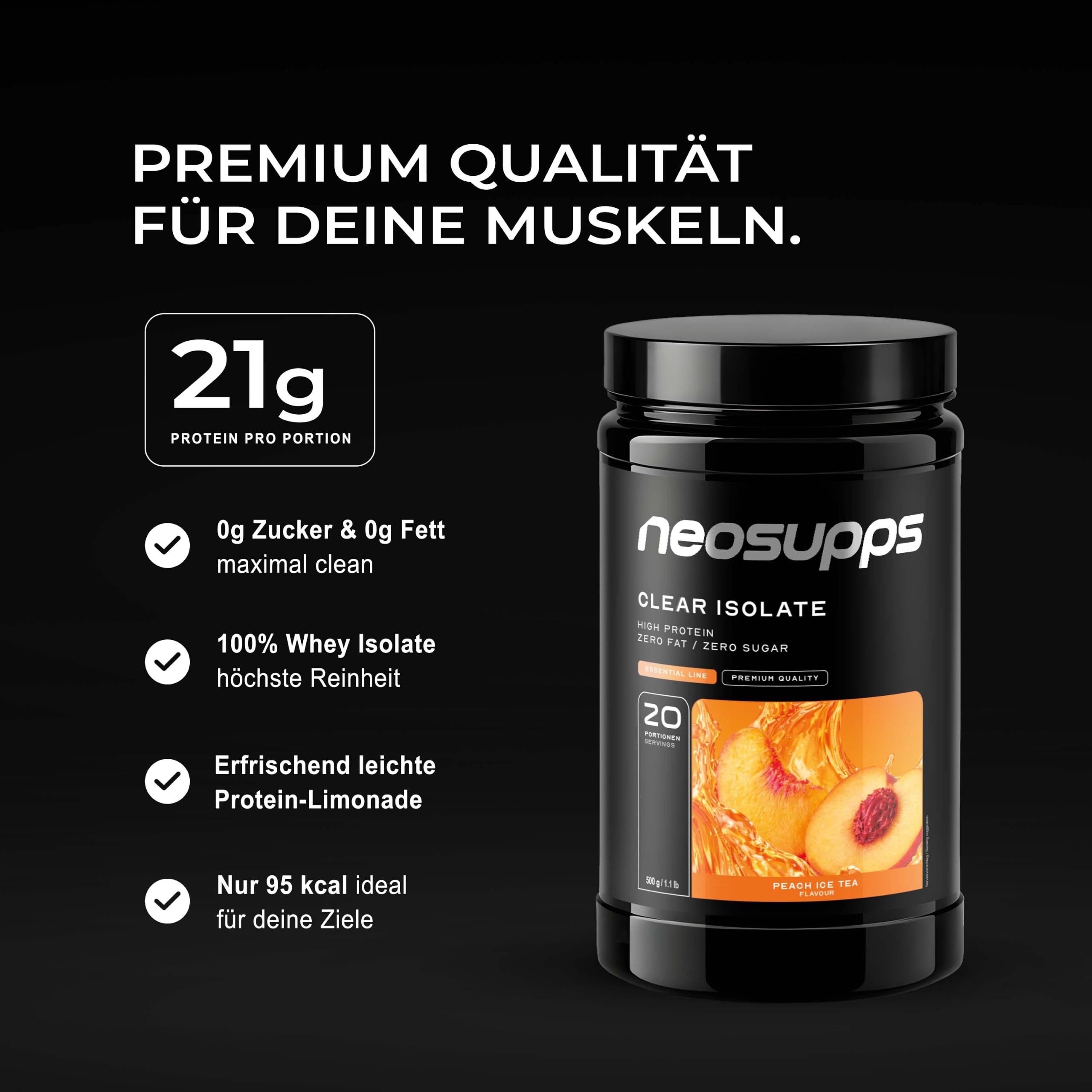 Neosupps Clear Whey Isolat Protein Pulver 500g, Peach Ice Tea Geschmack Pulver, 500 g, Made in Germany, Hochwertiger Molkenprotein Isolat