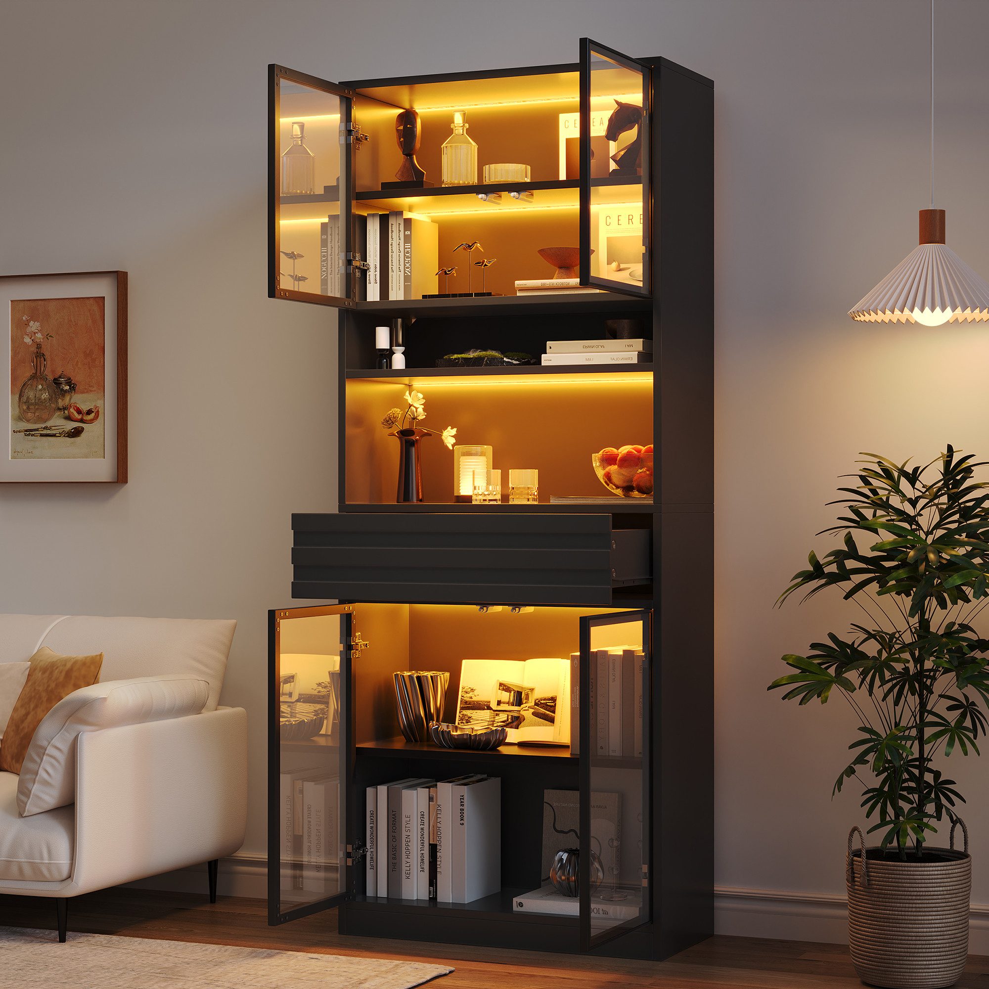 Merax Glasvitrine mit RGB LED-Beleuchtung inkl. App-Steuerung, 80 L x 35 B x 200 H cm (1-St., Wohnzimmerschrank Bücherschrank Ausstellungsschrank) Vitrine Hochs – Bild 2 von 5