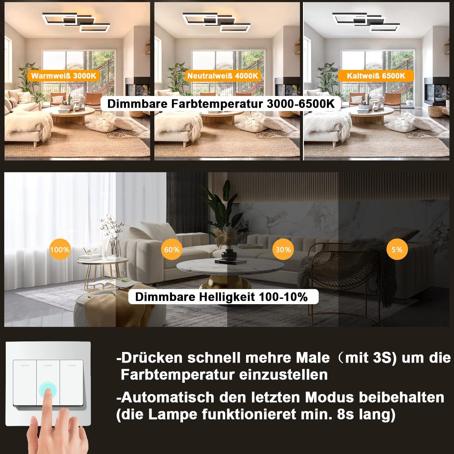 ZMH Deckenleuchten Modernes Rautendesign mit Rahmen 48W/63W Schlafzimmer Dimmbar, LED fest integriert, CCT,Memory-Funktion,Fernbedienung,3000k-6500k – Bild 4 von 5