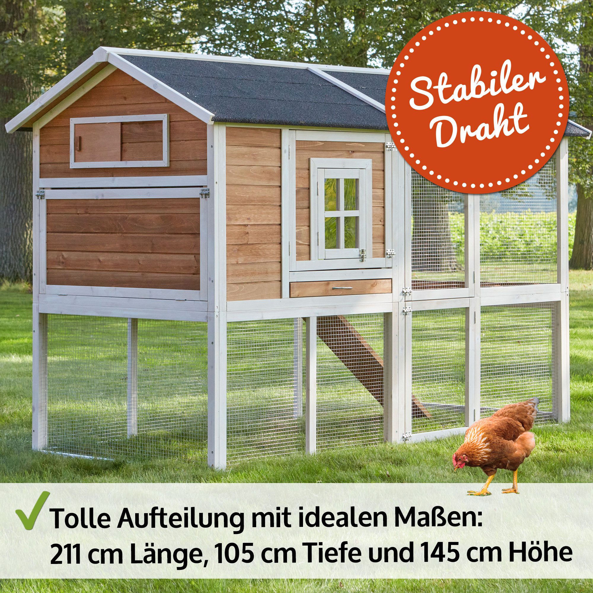 Zooprinz Hühnerstall Alpenhof mit Nistkasten und Freilauf, 211x145x105 cm (BxHxT), wetterfestes Kiefernholz