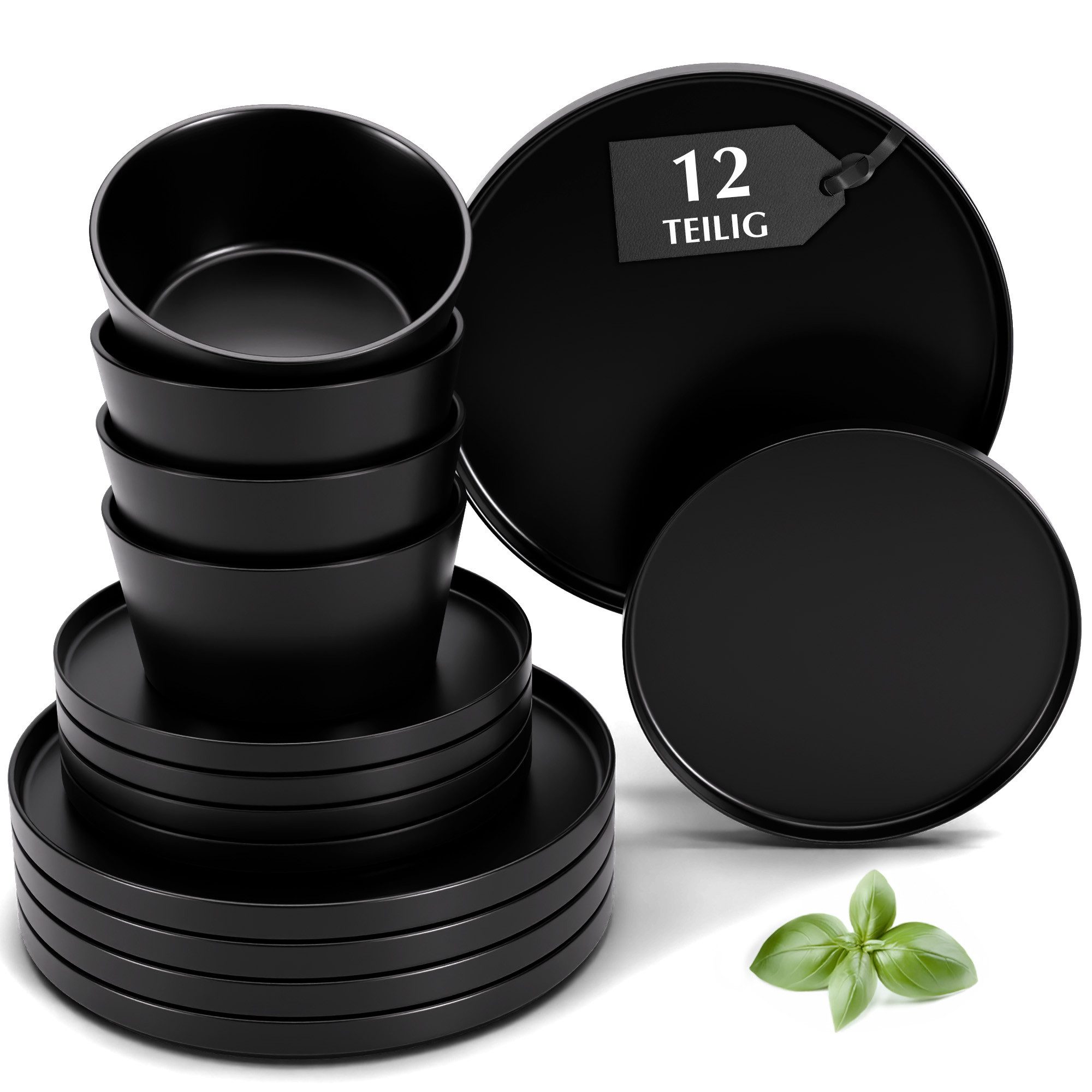 MiaMio Geschirr-Set Geschirrset für 4 Personen / 12-teiliges Tafelservice Luxe Schwarz